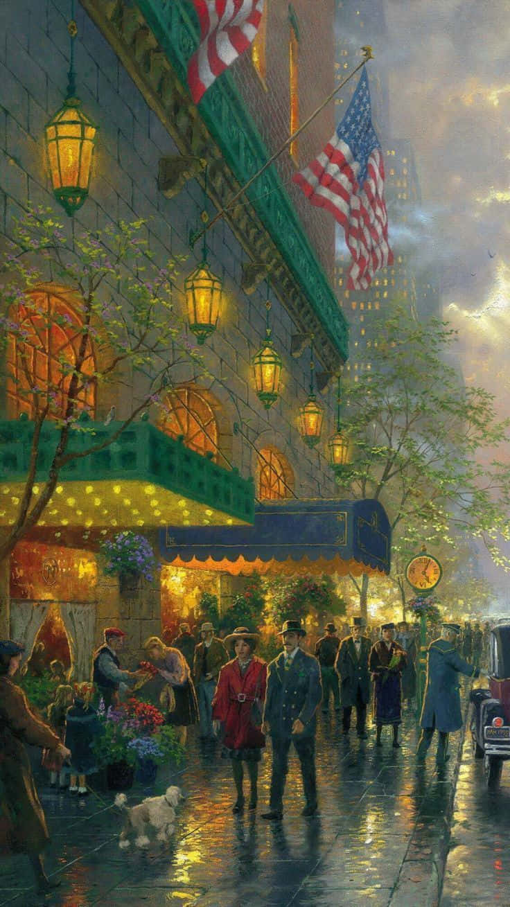 Oil Painting 桌布 壁紙 — 一個雨夜，繁華的城市街道上掛著發光的燈籠，人們在美國國旗下行走。