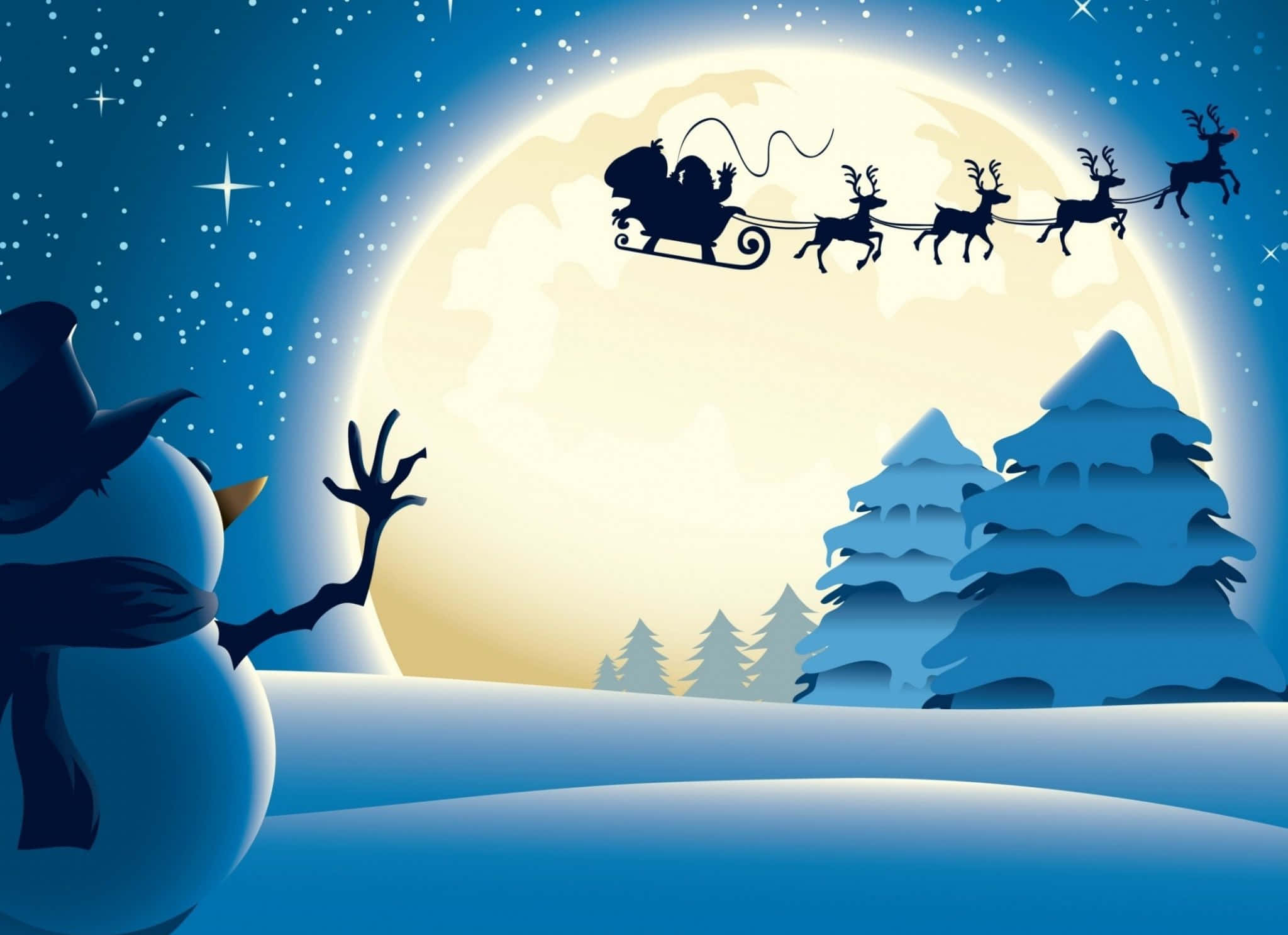 Santa 桌布 壁紙 — 一個雪人在巨大的月亮下揮手，聖誕老人的雪橇帶著馴鹿飛過繁星點點的冬夜。