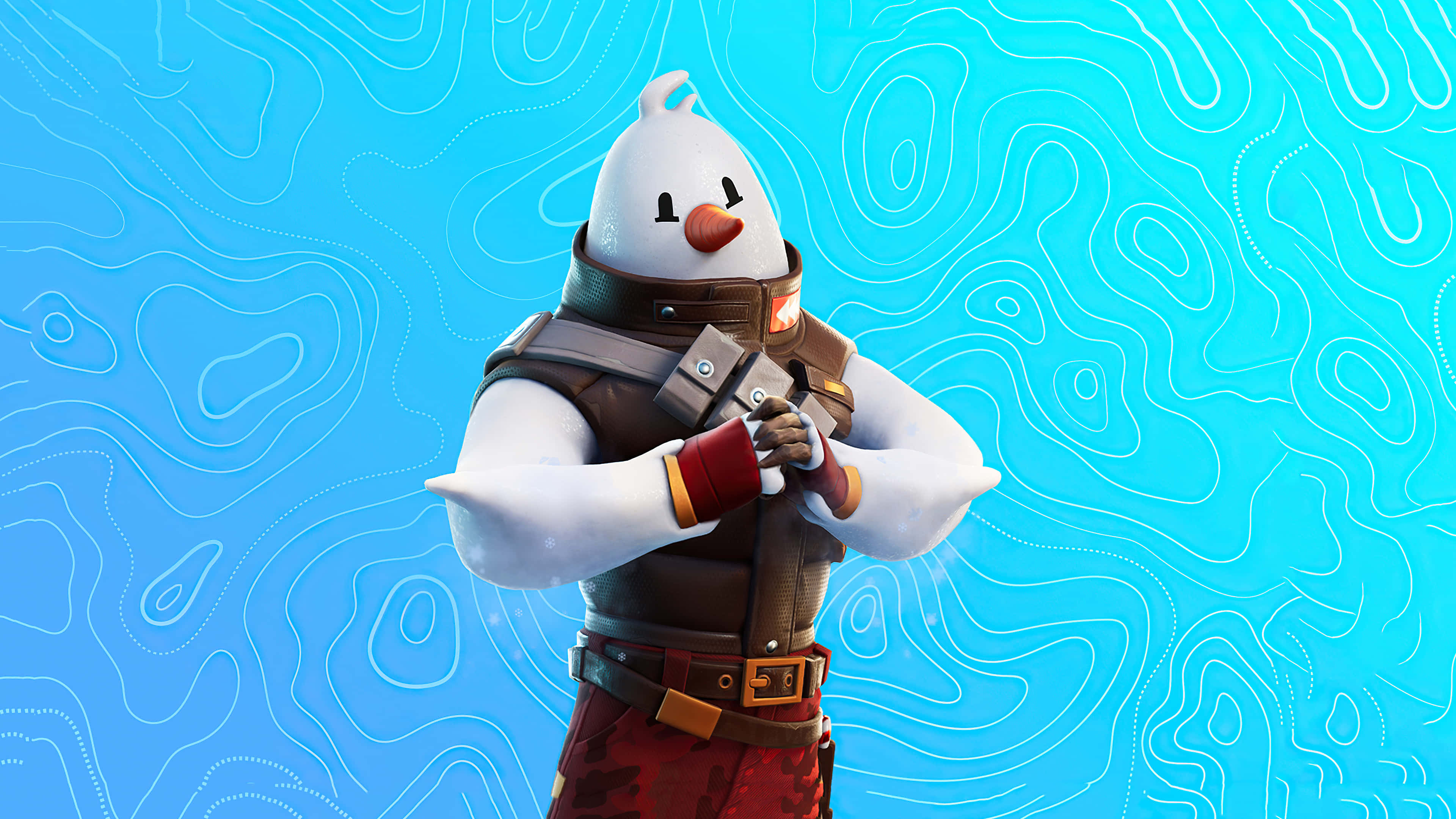 Fortnite Character 桌布 壁紙 — 一個雪人角色穿著遊戲裝備，自信地站在藍色地形圖背景前。