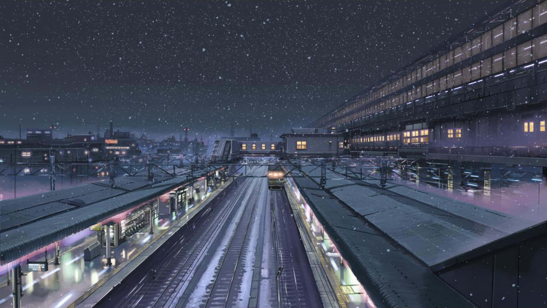 新海誠 桌布 壁紙 — 一個雪夜在火車站，一列火車在星空下駛近。