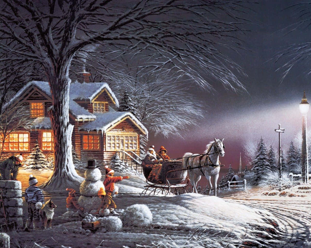 Cowboy Christmas 桌布 壁紙 — 一個雪夜場景，一輛馬拉雪橇正接近一間溫暖照亮的木屋，孩子們在雪人附近玩耍。