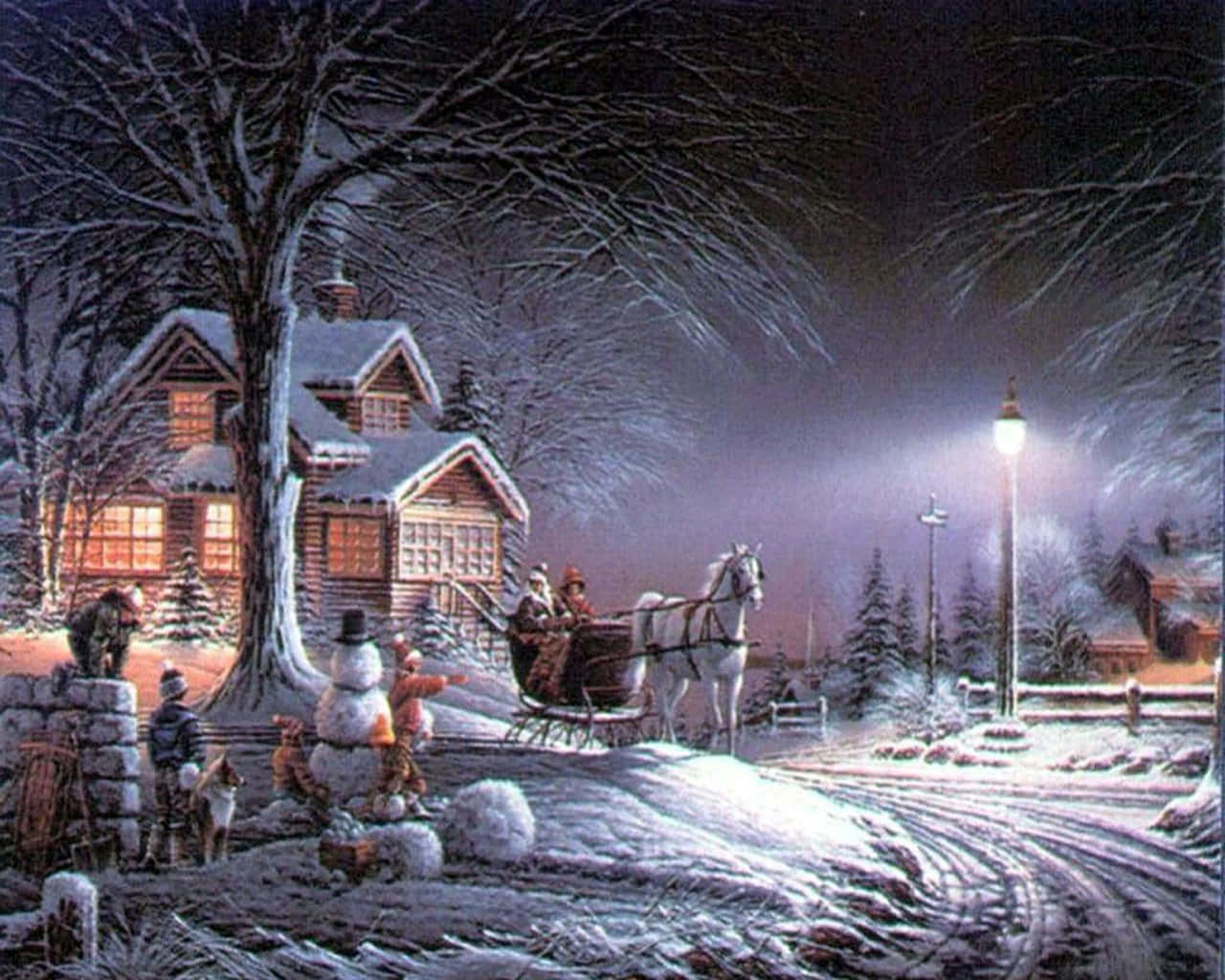Cowboy Christmas 桌布 壁紙 — 一個雪夜場景，一輛馬拉雪橇經過一間溫暖亮燈的小屋，孩子們在雪人附近玩耍。