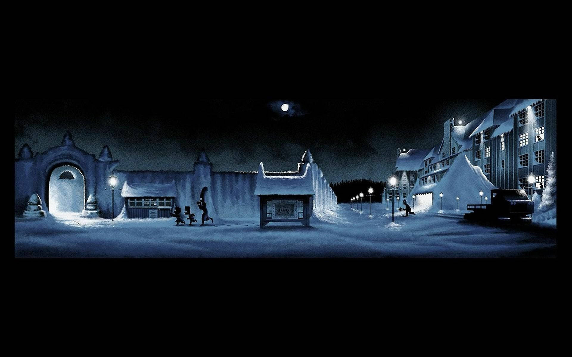 shining 桌布 壁紙 — 一個雪夜場景，剪影人物在滿月下走過積雪的建築物。