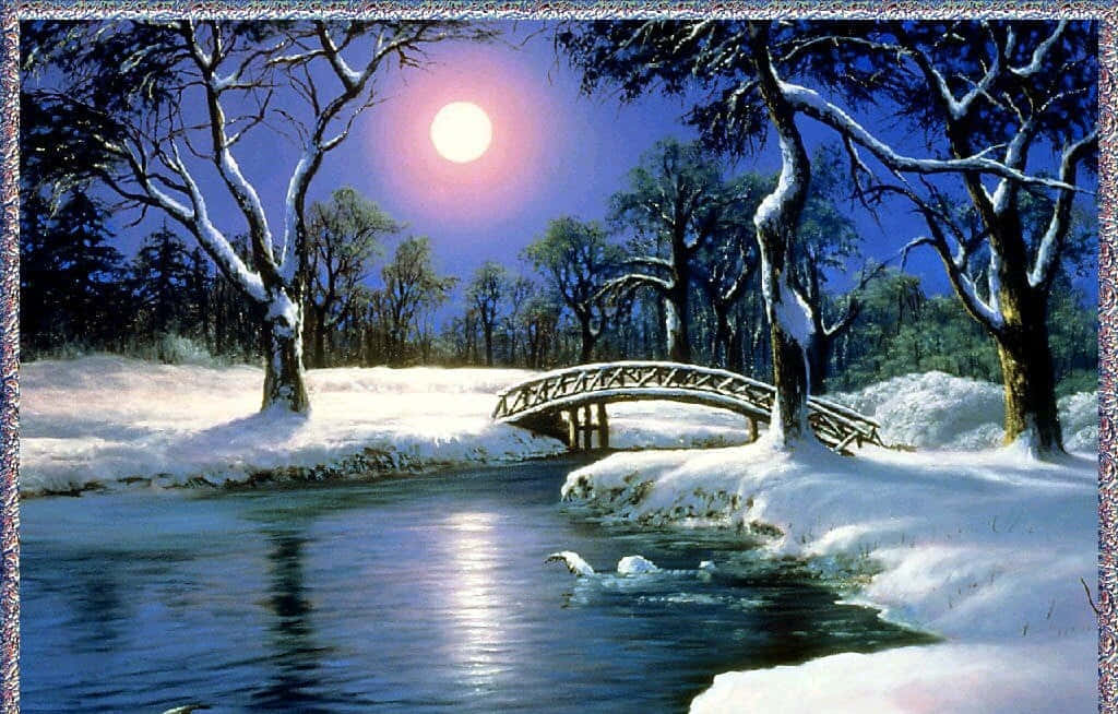 Lake 桌布 壁紙 — 一個雪景冬日場景，月光下的橋樑橫跨平靜的河流，四周是光禿禿的樹木。