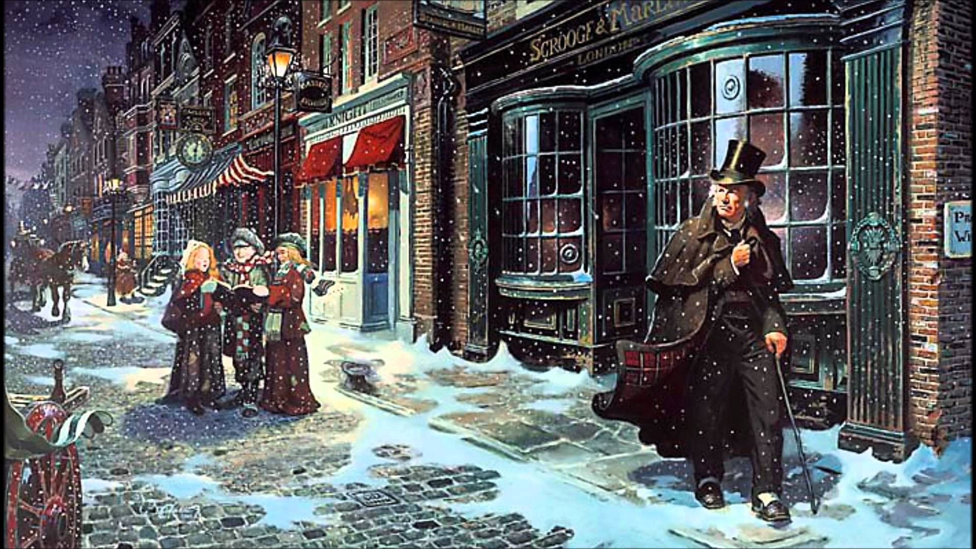 A 桌布 壁紙 — 一個雪景維多利亞時代街景，戴高帽的男人走過酒吧，孩子們聚集在馬車附近。