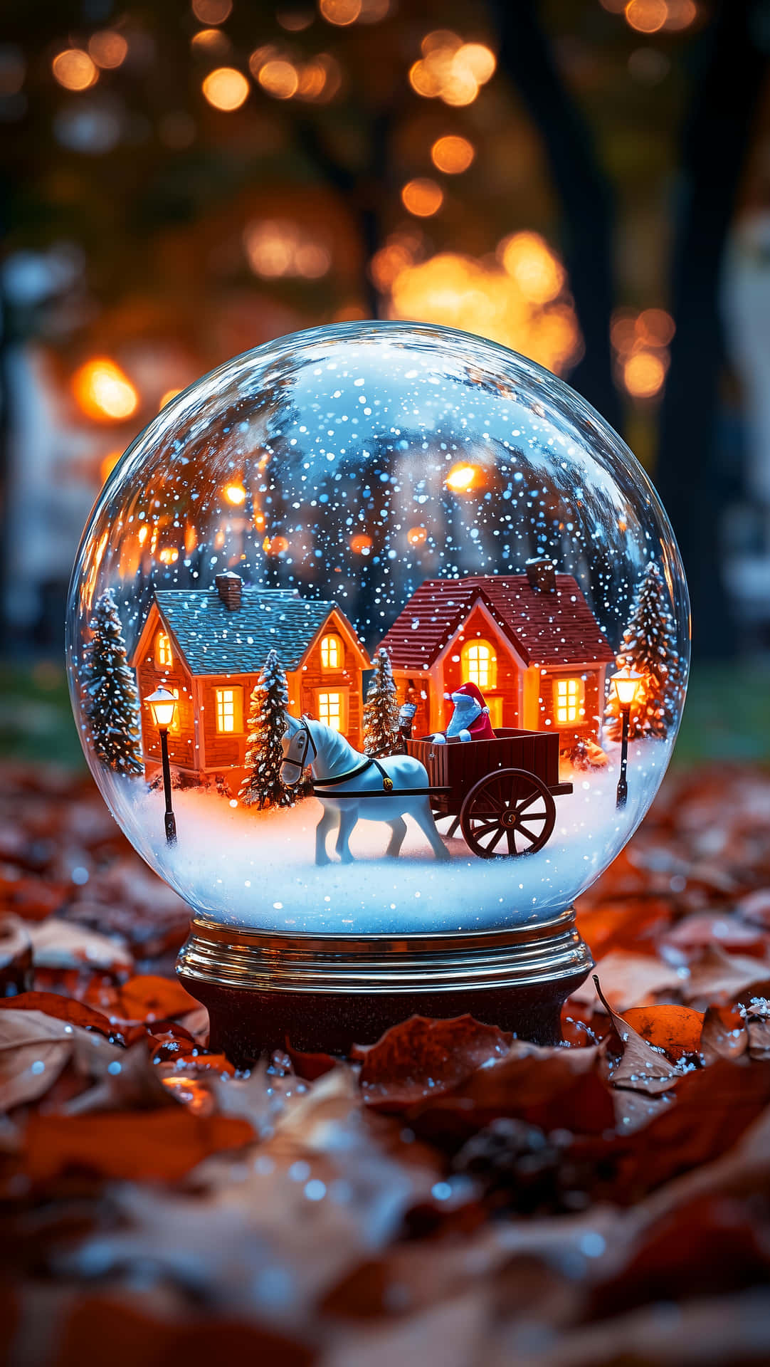 Christmas Wallpapers 壁紙 — 一個雪球，內有馬車和亮燈的小屋，放在秋天的落葉上，背景是溫暖的散景燈光。