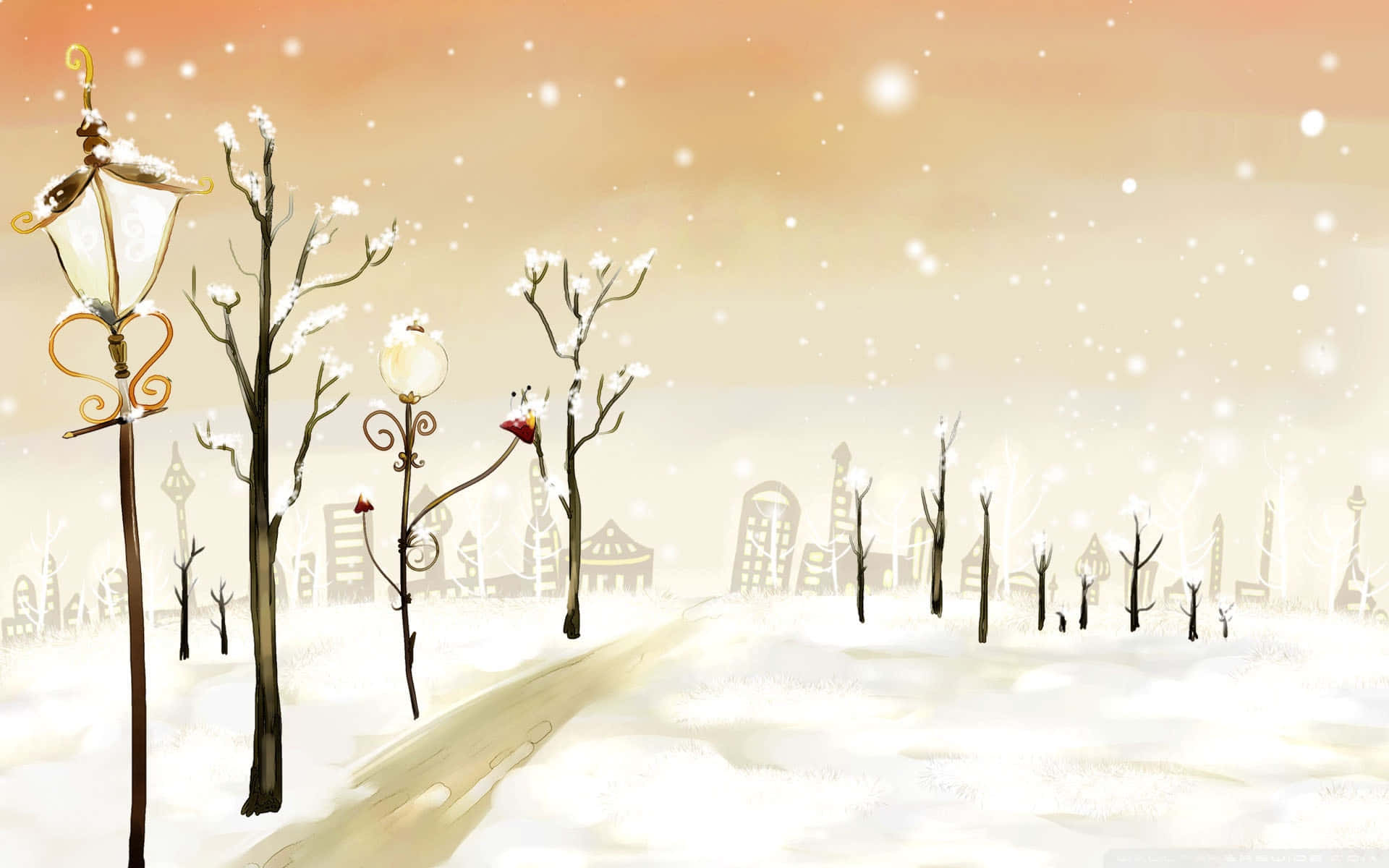 Simple Winter 桌布 壁紙 — 一個雪白的冬日場景，裝飾華麗的路燈和光禿禿的樹木，在柔和的橙色天空下飄著雪花。
