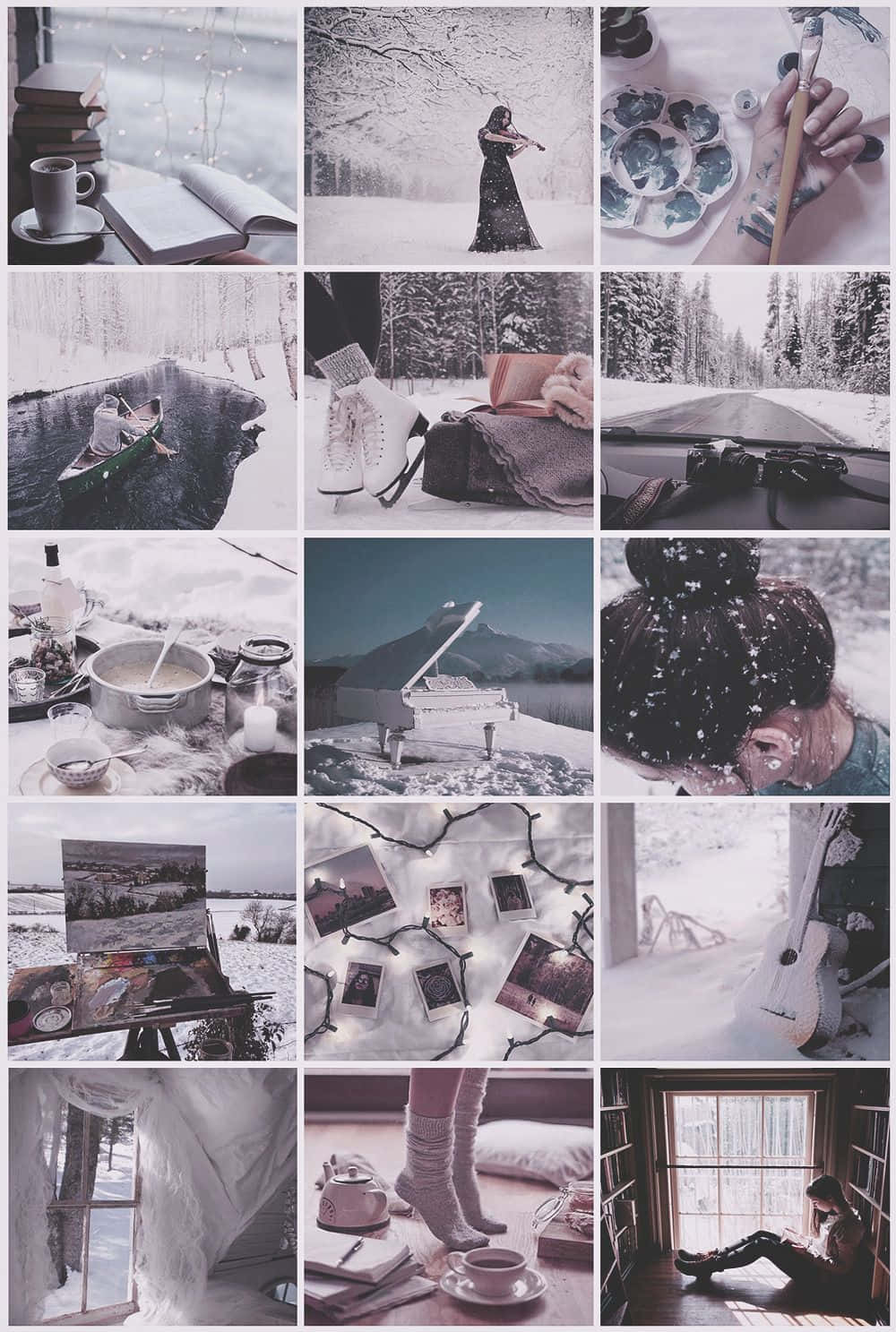 Winter Aesthetic Collage 桌布 壁紙 — 一個雪白的冬日拼貼畫， featuring 舒適的室內場景、一位在雪中拉小提琴的女子，以及畫板、相機等藝術元素。