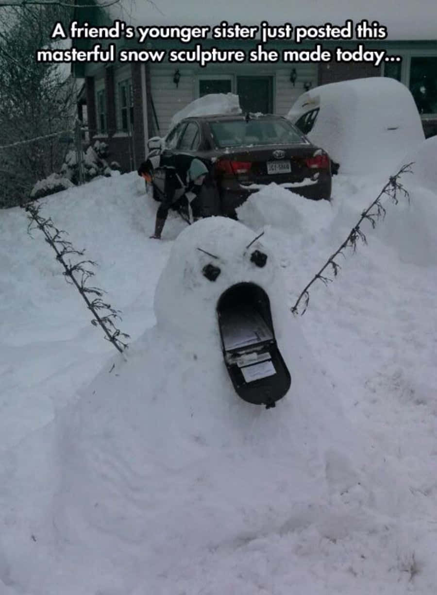 搞笑 桌布 壁紙 — 一個雪雕，形狀像一個尖叫的臉，有樹枝手臂和汽車零件嘴巴，站在雪地裡，旁邊是一輛被雪覆蓋的汽車。