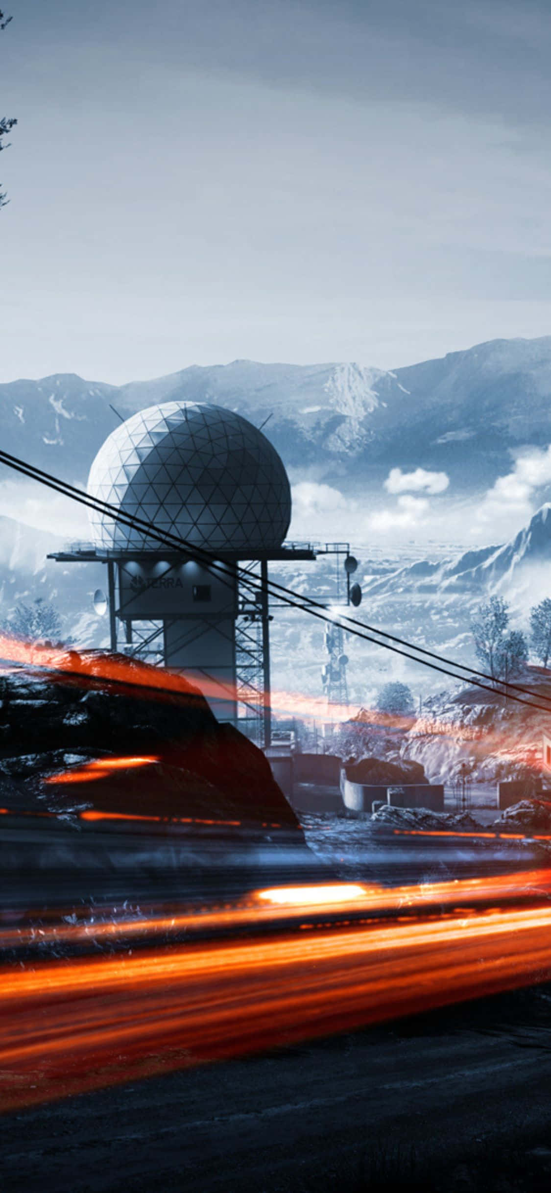 iPhone Xs Battlefield 3 桌布 壁紙 — 一個雷達圓頂在雪覆蓋的山谷中像哨兵一樣矗立，火橙色的光條在前景中模糊掠過。
