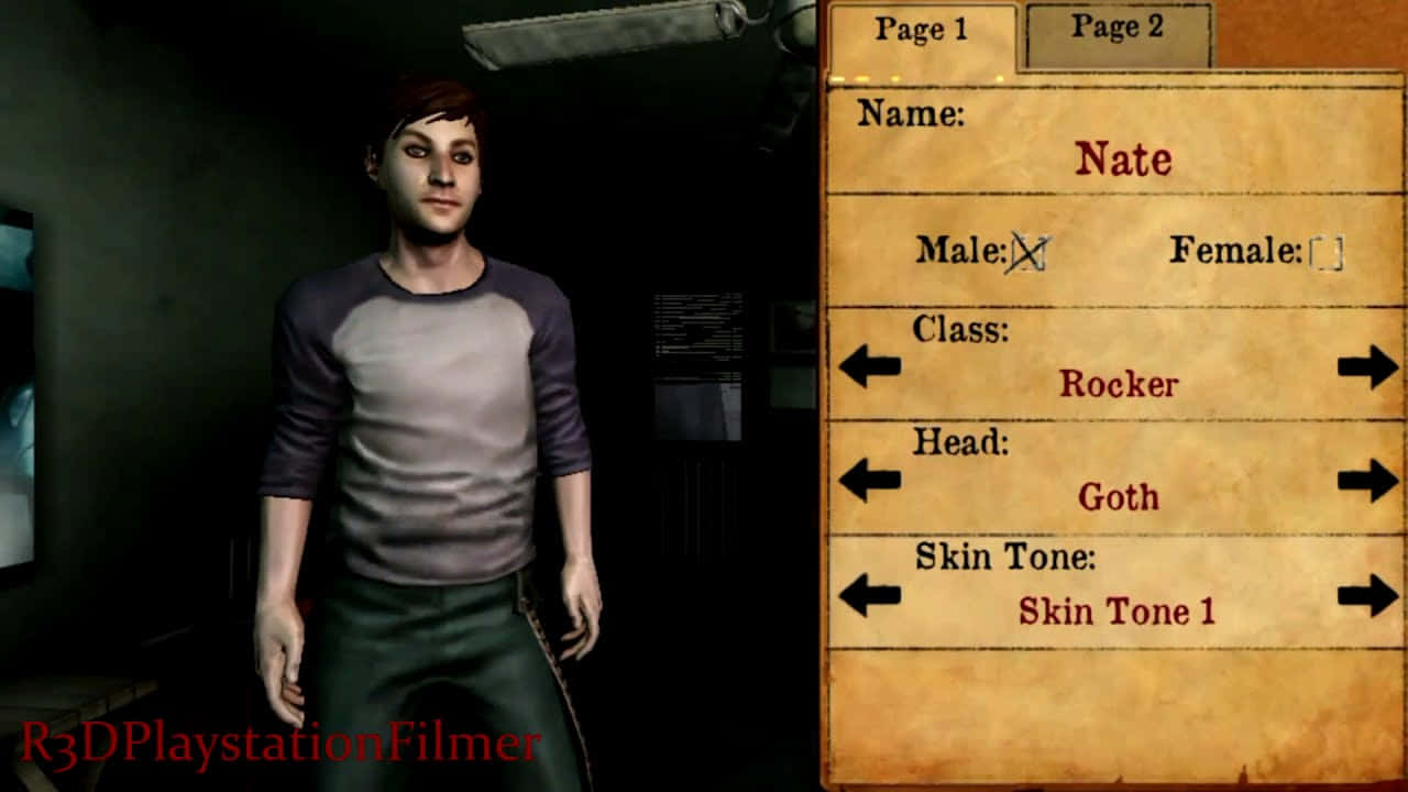 Silent Hill Characters 桌布 壁紙 — 一個電子遊戲的角色創建畫面，顯示一位名叫Nate的年輕男子，帶有搖滾和哥德風格，身處燈光昏暗的房間。