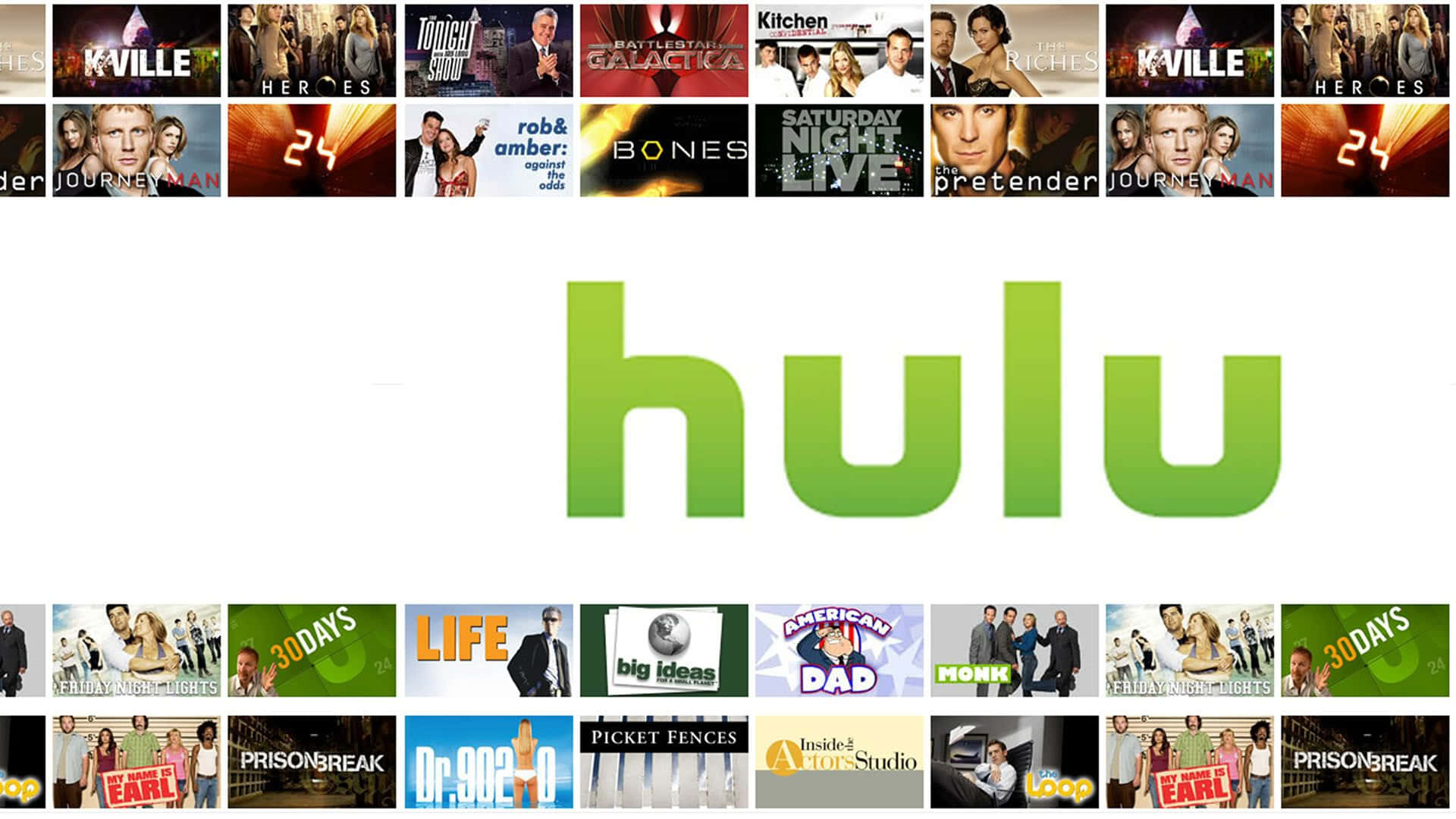 Hulu 桌布 壁紙 — 一個電視節目海報網格圍繞著白色背景上的一個大型綠色Hulu標誌。