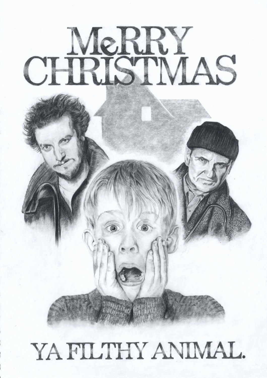 Home Alone 桌布 壁紙 — 一個震驚的孩子被兩個嚴肅的男人夾在中間，後面有房子和節日文字的黑白插圖。