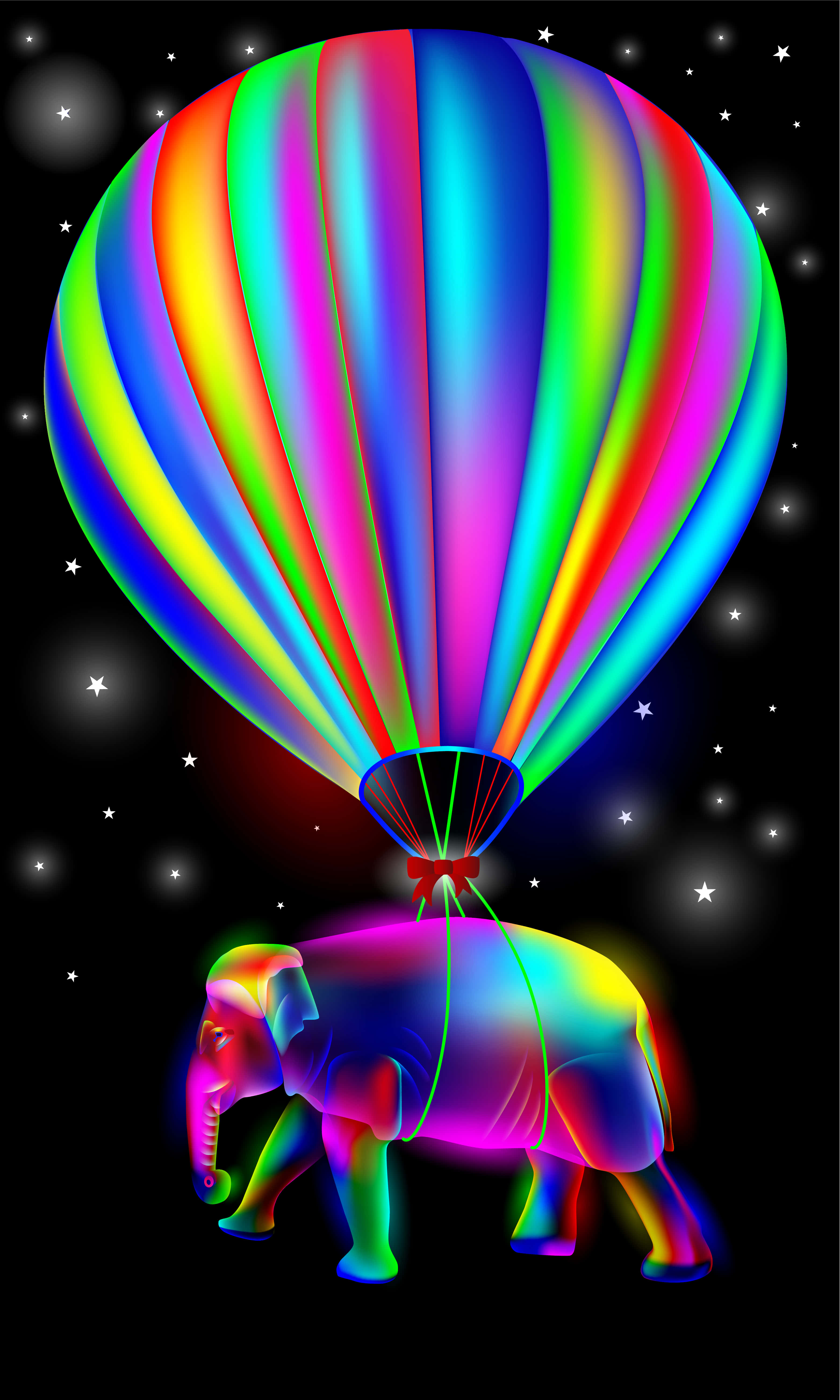 Hot Air Balloon 桌布 壁紙 — 一個霓虹彩虹熱氣球漂浮在一隻發光的大象上方，背景是繁星點點的夜空。