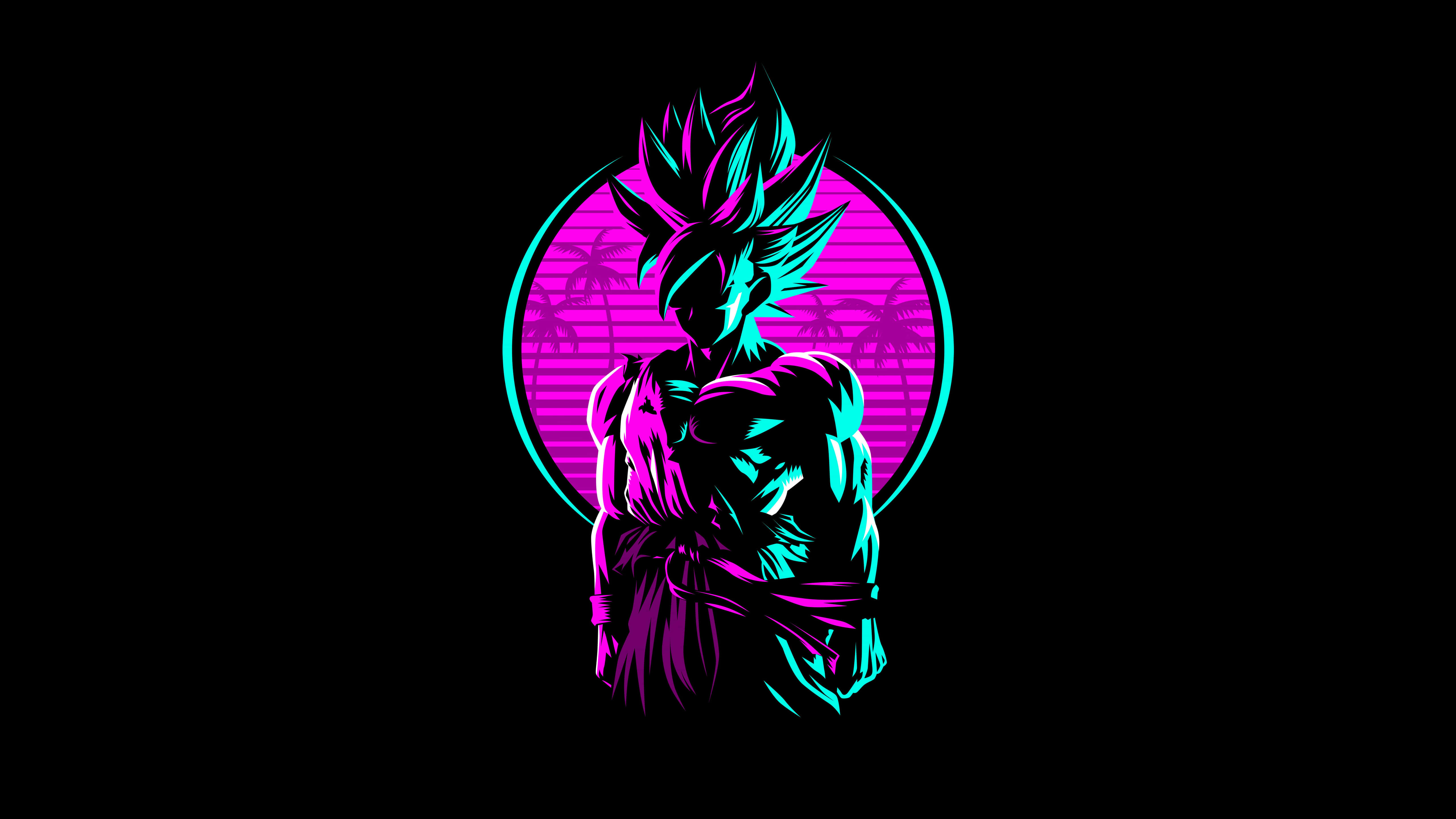 Cool Dragon Ball 桌布 壁紙 — 一個霓虹燈照亮、頭髮尖刺的動漫戰士站在圓形框架內，背景是充滿活力的粉紅色日落和棕櫚樹。