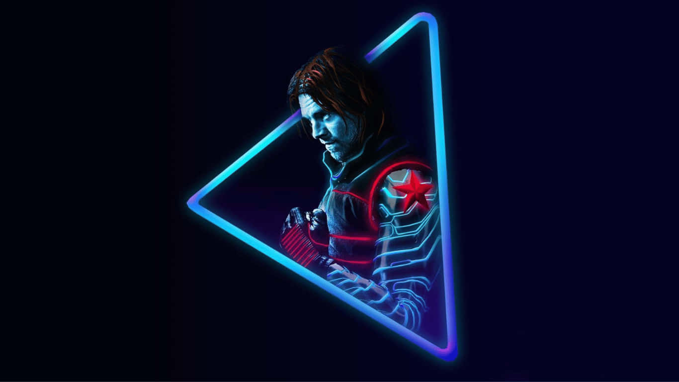 1366x768 Amoled 桌布 壁紙 — 一個霓虹燈照亮的三角形框架在黑暗背景上圍繞著一個手臂上有紅色星星徽章的機械士兵發出藍光。