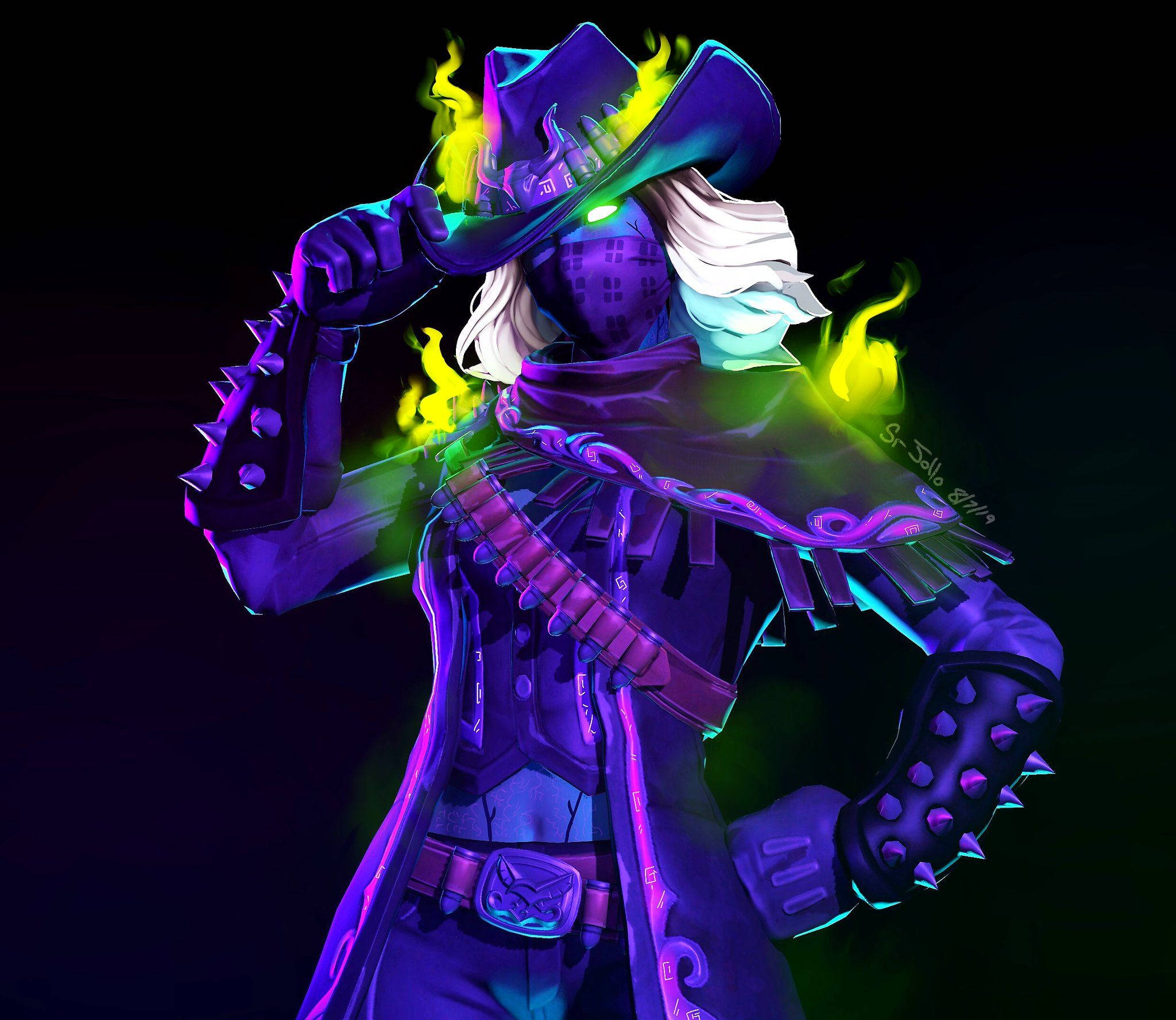 calamity fortnite 桌布 壁紙 — 一個霓虹燈照亮的動漫角色，戴著尖刺牛仔帽和外套，頭部和肩膀噴發出發光的黃色火焰，背景為深色。