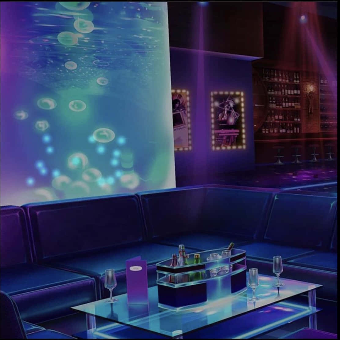 club 桌布 壁紙 — 一個霓虹燈照亮的夜總會休息室，大型水族牆內有發光氣泡，玻璃桌上放著飲品。