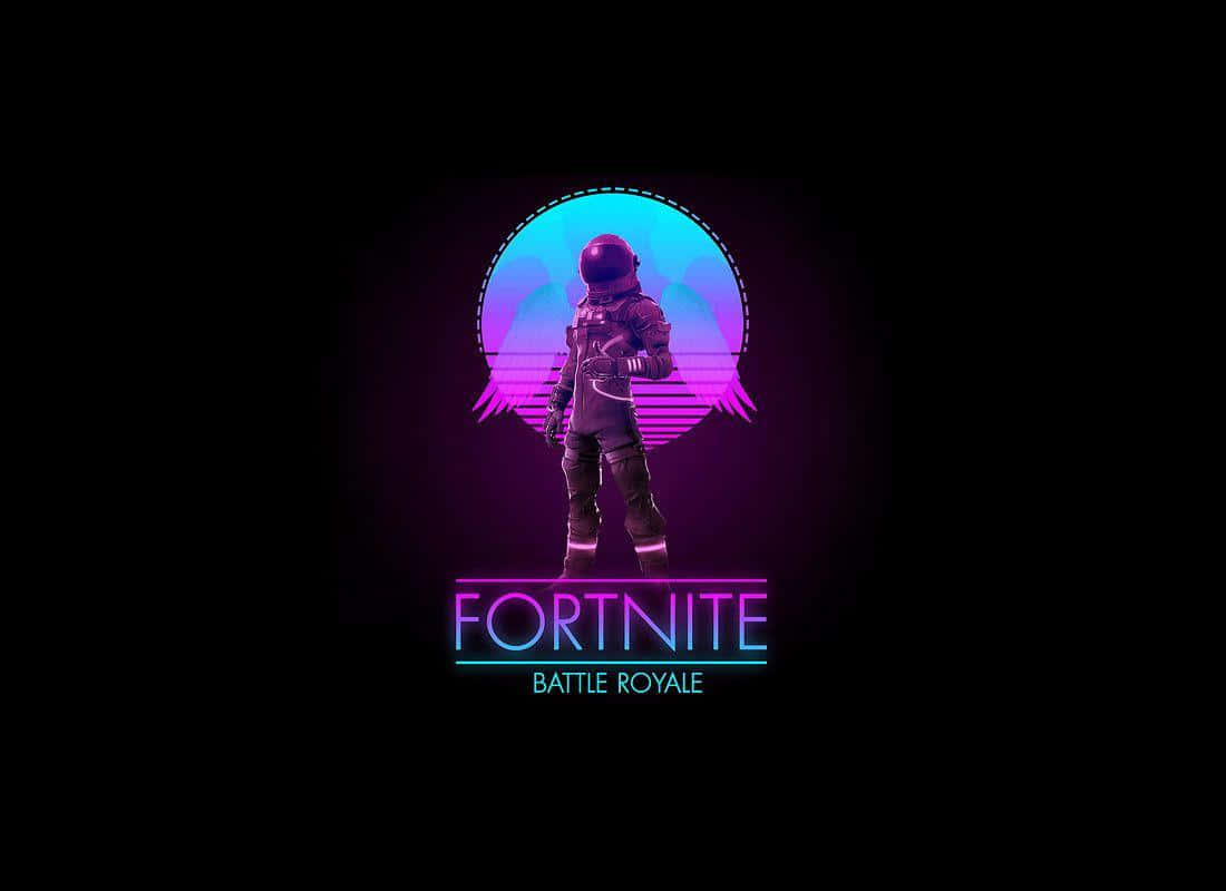 Fortnite Battle Royale 桌布 壁紙 — 一個霓虹燈照亮的太空人站在發光的復古太陽前，下方有「Fortnite Battle Royale」文字。