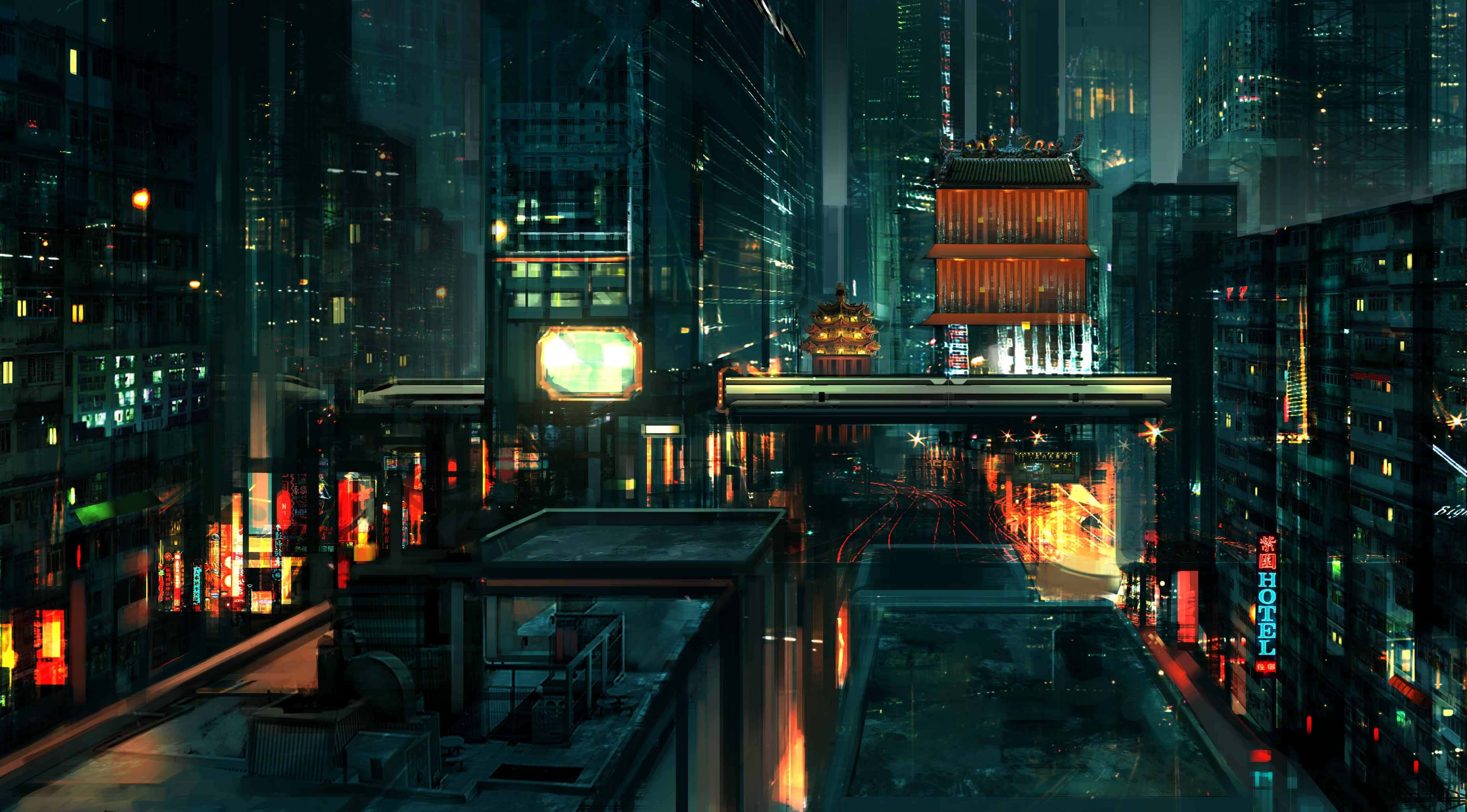 Cyberpunk Laptop 桌布 壁紙 — 一個霓虹燈照亮的未來城市夜景，高聳的摩天大樓和一座發光的傳統寶塔橋橫跨在雨濕的街道上。