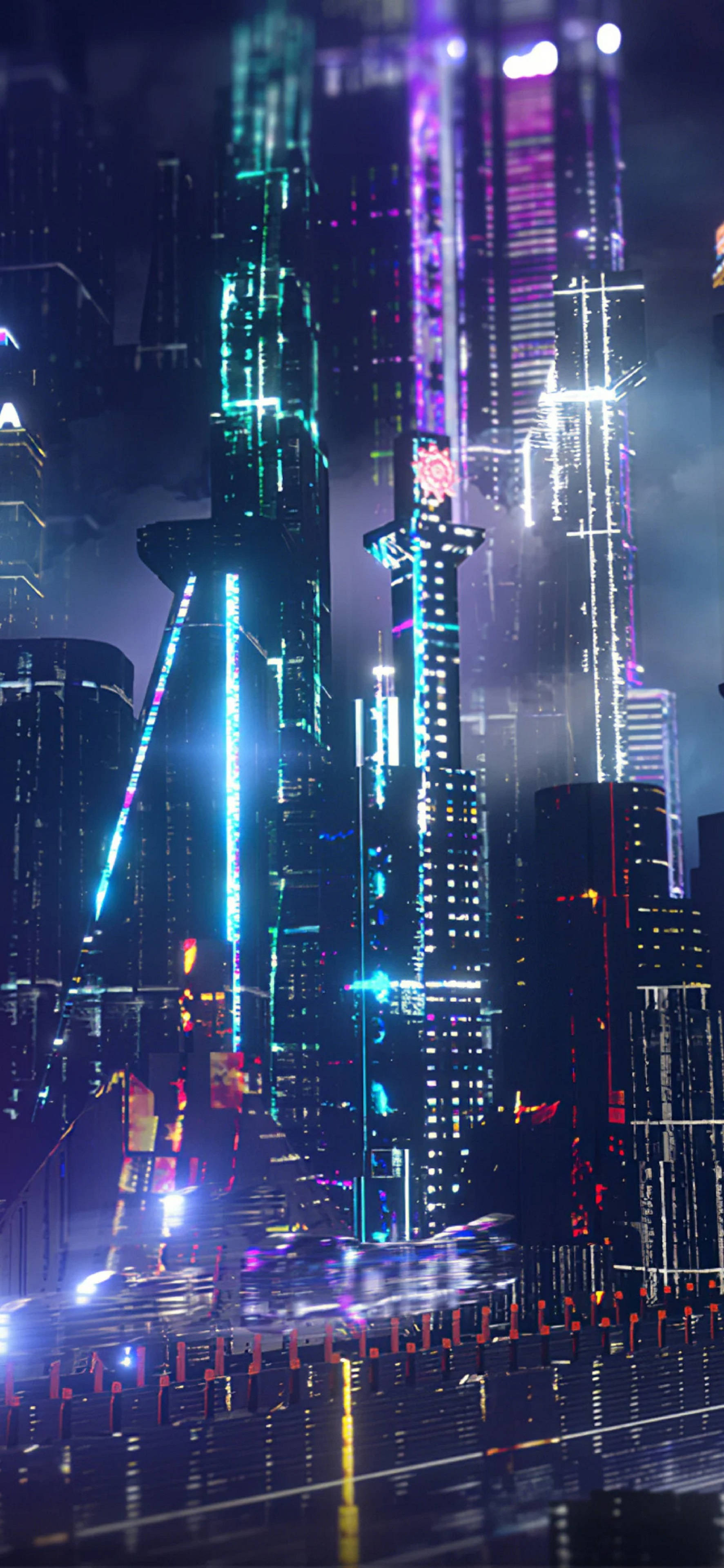 4K 霓虹 iPhone 桌布 壁紙 — 一個霓虹燈照亮的未來城市夜景，高聳的摩天大樓發出電藍色和紫色光芒，倒映在濕漉漉的街道上。
