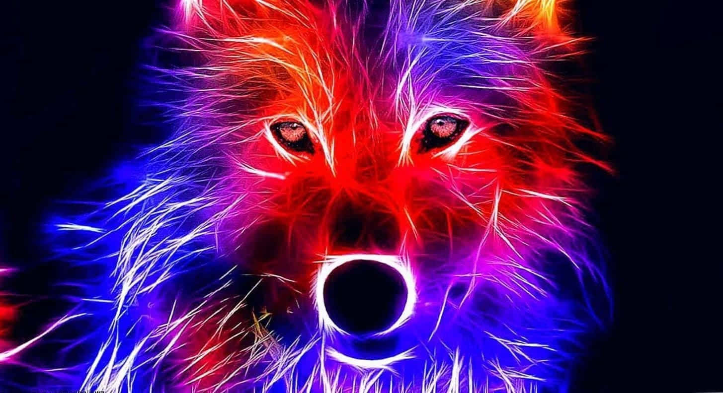 Red Wolf 桌布 壁紙 — 一個霓虹燈照亮的狼頭，帶有電光紅和藍色的毛髮，在黑色背景上發光。