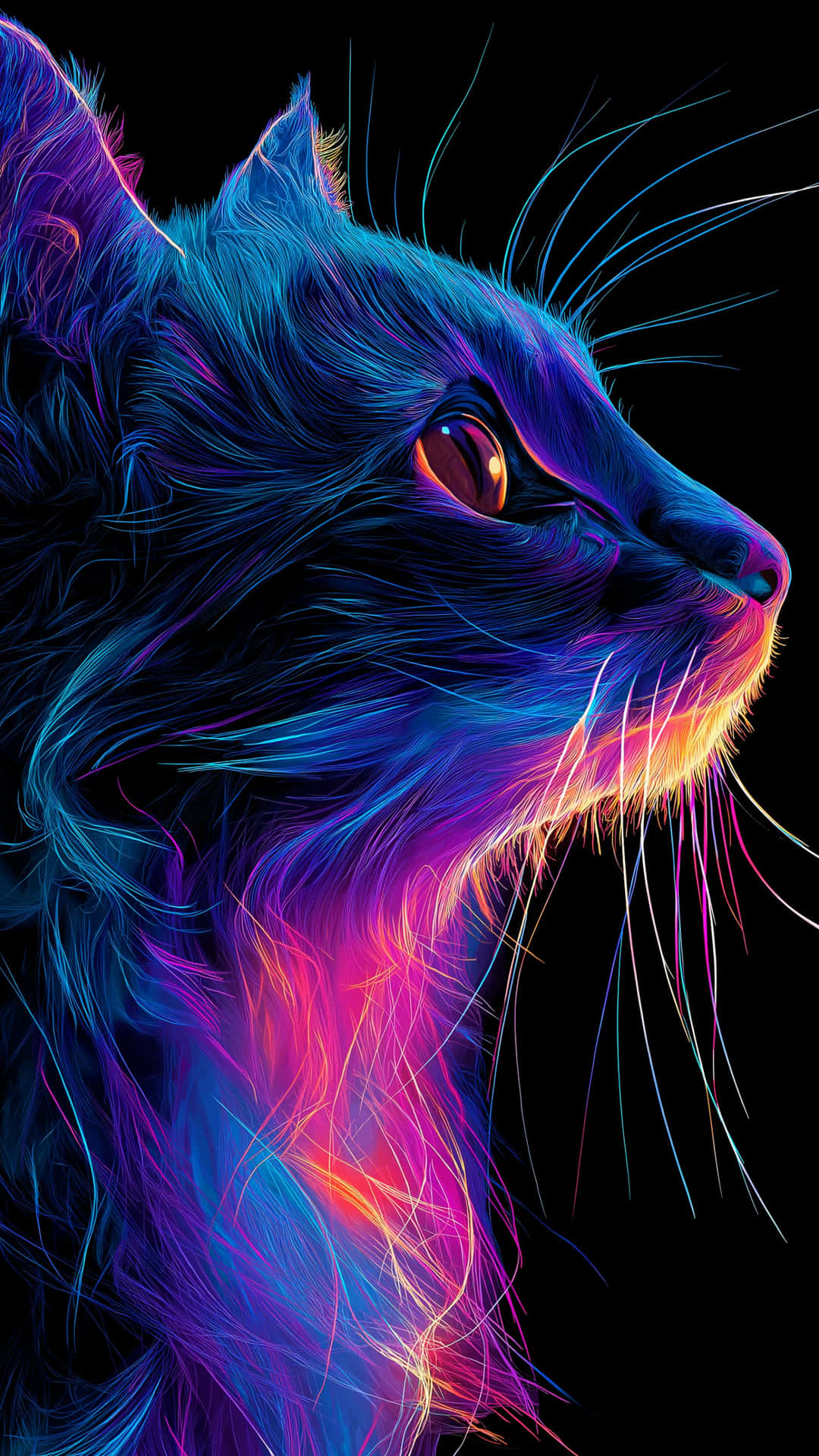 Neon luminous feline: a mesmerizing cat portrait with glowing fur and captivating eyes 壁紙 — 一個霓虹燈照亮的貓頭側面，在黑色背景上發出電光藍、紫和橙色光芒。