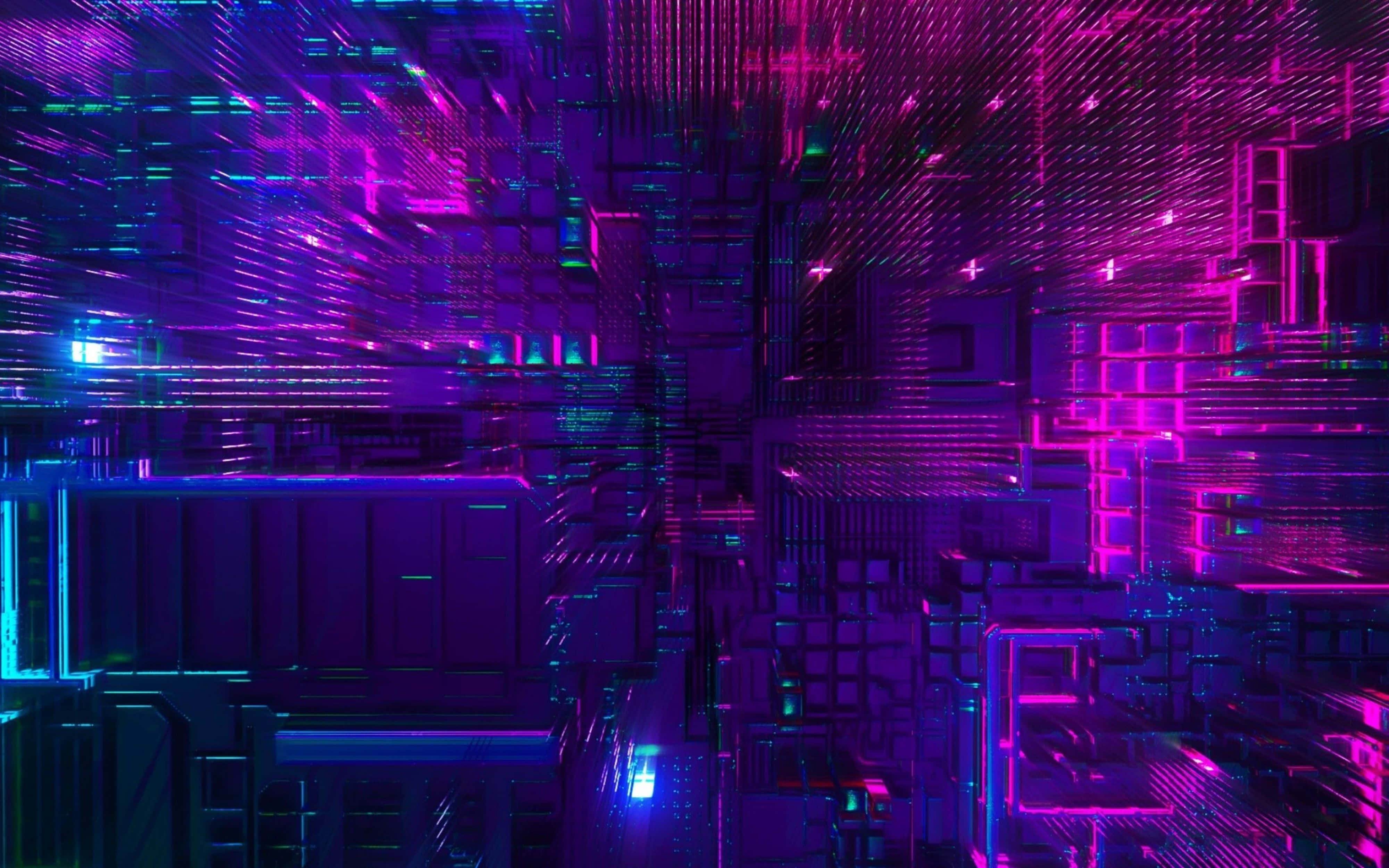 4K Tech 桌布 壁紙 — 一個霓虹燈照亮的賽博龐克城市景觀，帶有發光的紫色和藍色幾何結構以及數位數據流。