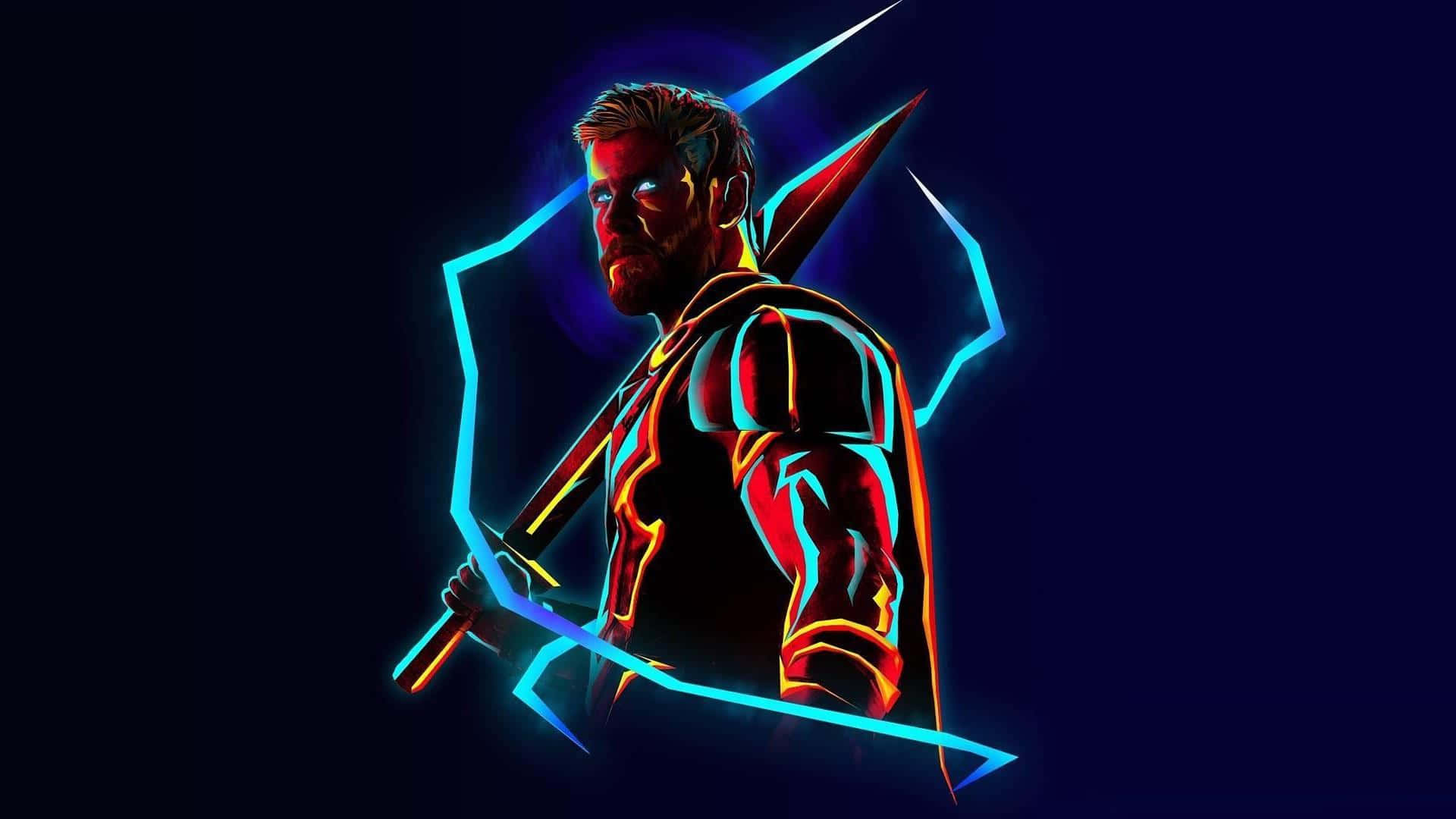 Best Marvel 桌布 壁紙 — 一個霓虹燈照亮的超級英雄，帶有發光的藍色和紅色輪廓，在黑暗背景中手持一把劍。