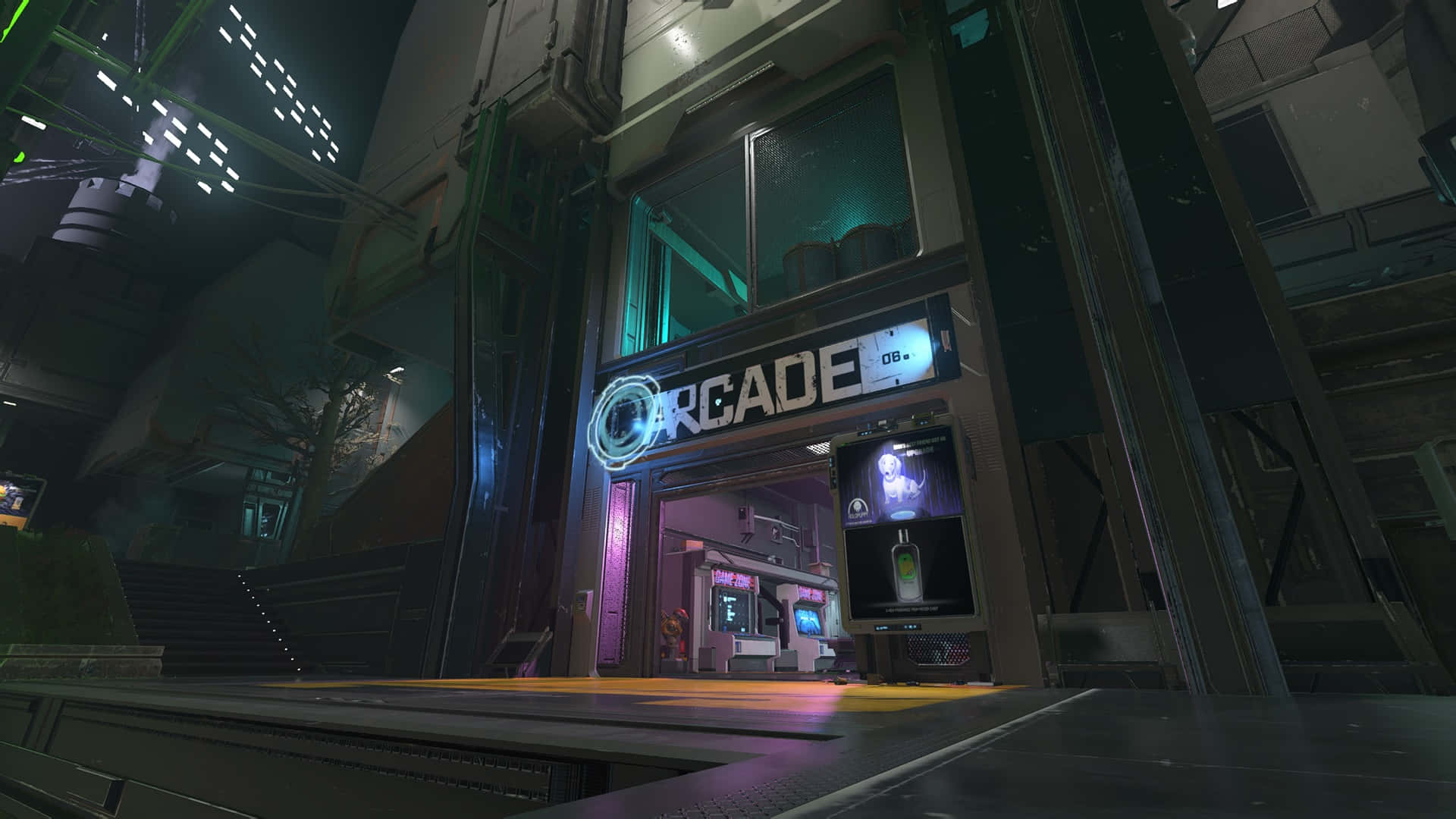 The Coruscant Underworld 桌布 壁紙 — 一個霓虹燈照亮的遊戲機中心入口，在未來主義的城市夜景中散發著青綠色和紫色的光芒。