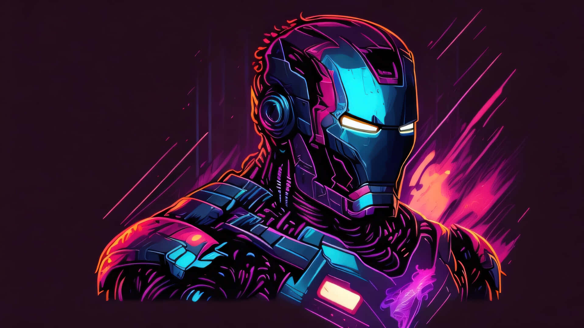 Iron Man Art 桌布 壁紙 — 一個霓虹燈照亮的鋼鐵人半身像，帶有發光的藍色眼睛和粉紅色能量條紋，背景為深色。