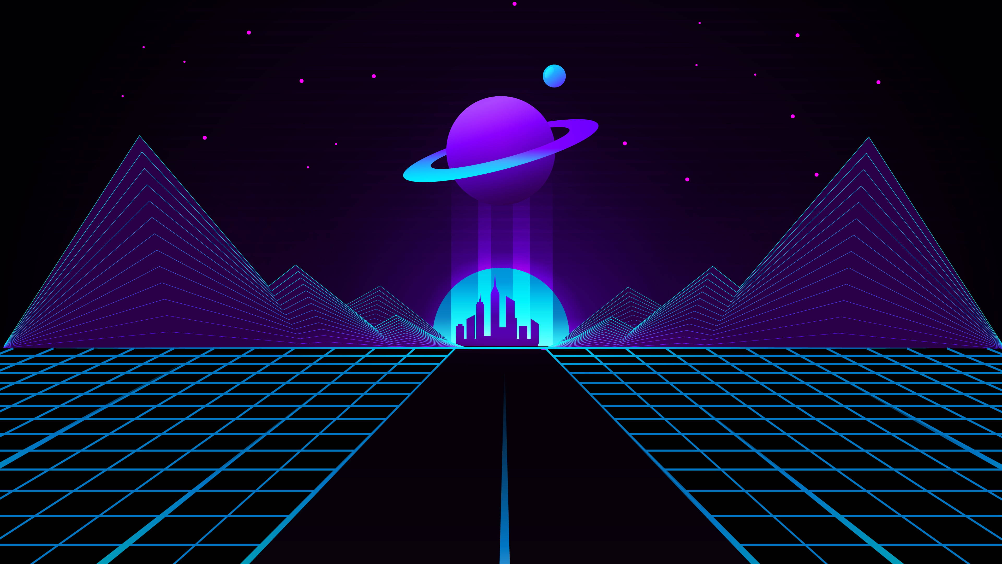 Vaporwave 桌布 壁紙 — 一個霓虹燈科幻風景，發光的網格道路通向一個在紫色環狀行星下的未來城市。