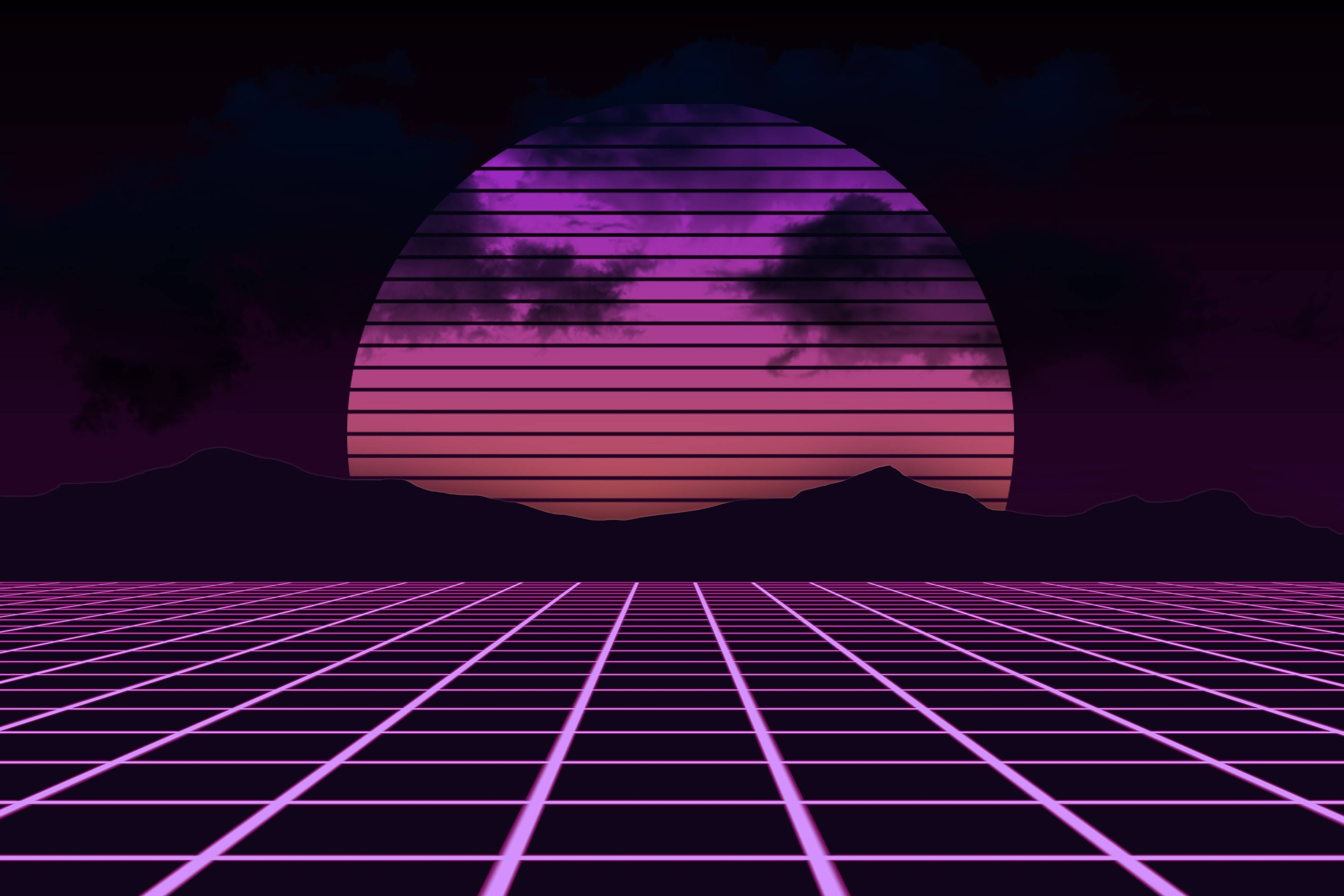 Retro 桌布 壁紙 — 一個霓虹燈網格延伸向剪影山脈後方充滿活力的紫色日落，呈現復古未來主義場景。
