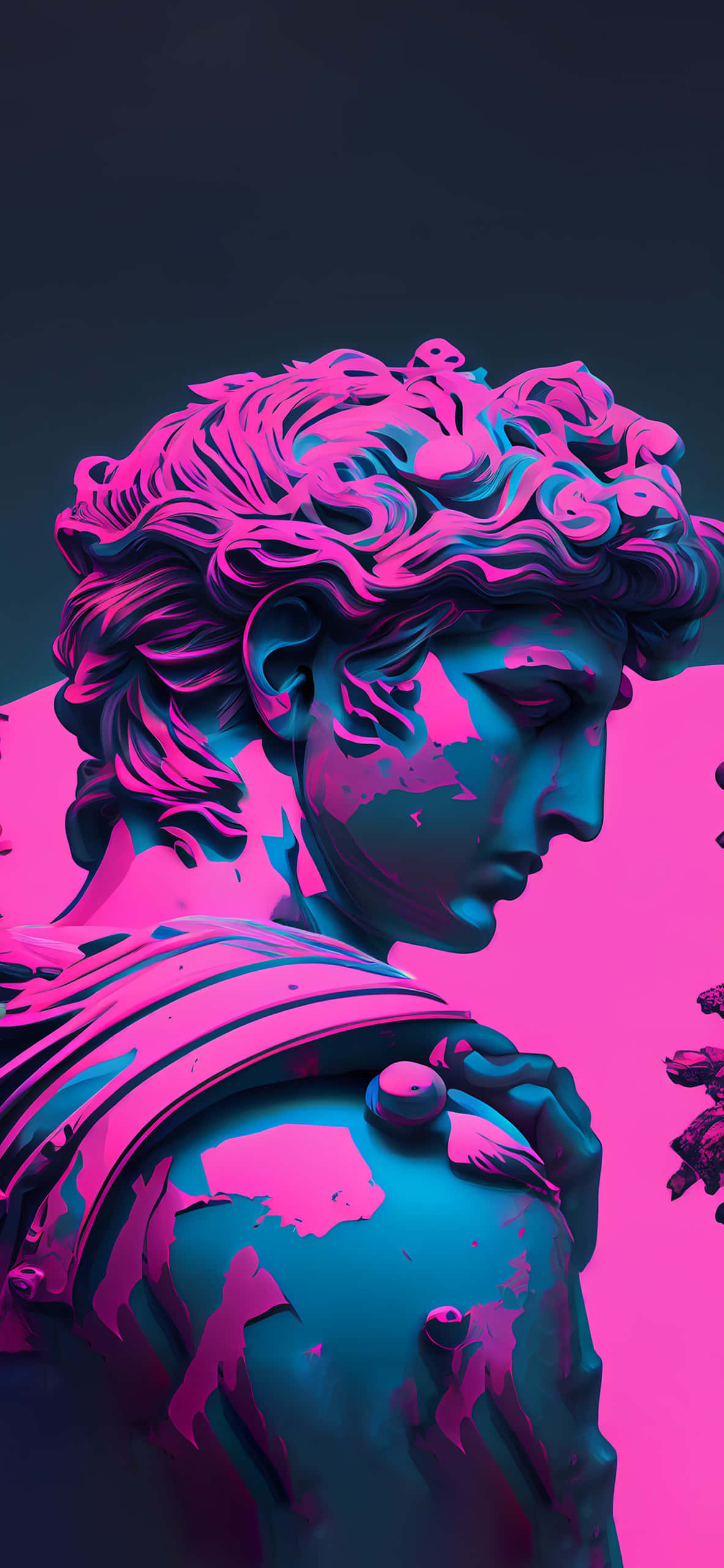 蒸氣波 桌布 壁紙 — 一個霓虹粉紅和藍綠色的數位雕塑，描繪一個經典男性半身像，擁有飄逸的頭髮和盔甲，背景為深色漸變。