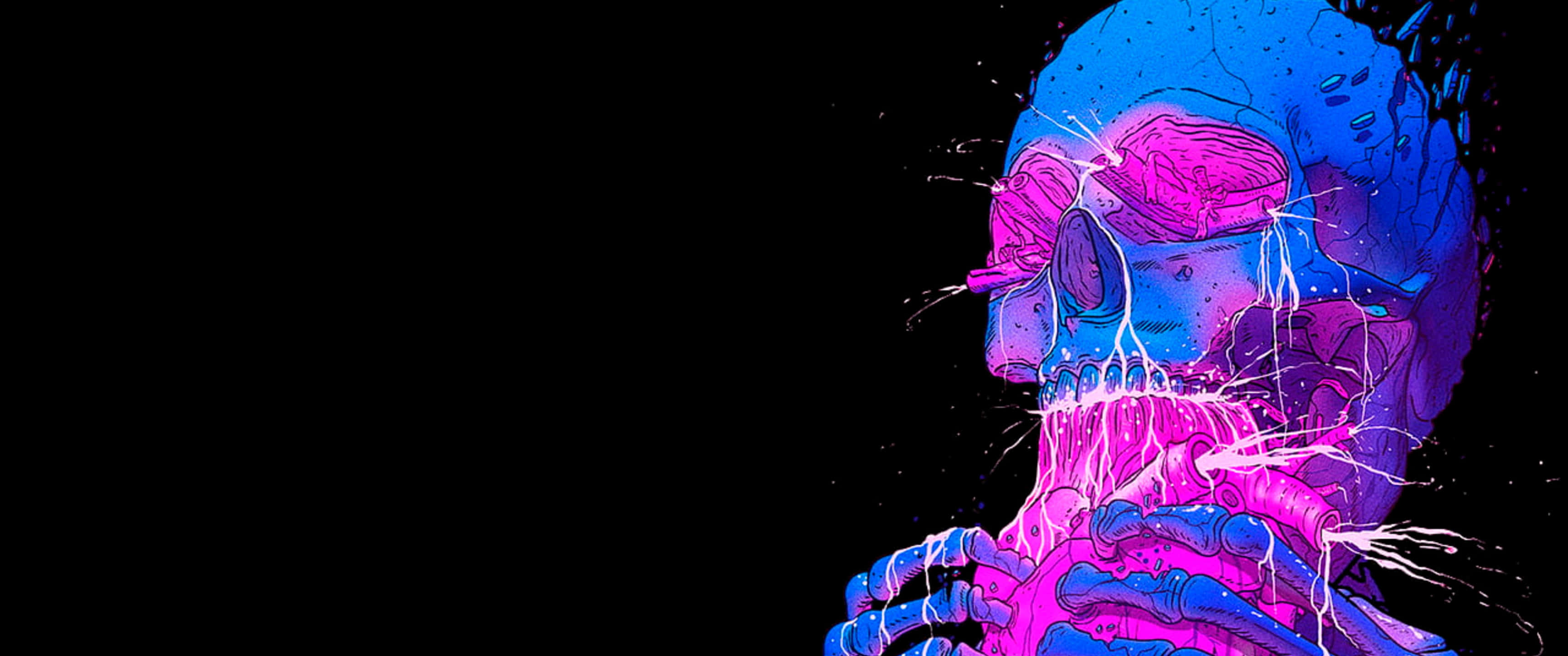3440x1440 Neon 桌布 壁紙 — 一個霓虹粉紅和電光藍色的骷髏頭，帶有發光裂縫和潑濺效果，背景為黑色。