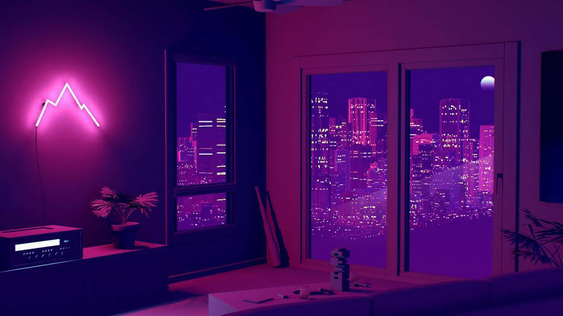 1920X1080 桌布 壁紙 — 一個霓虹粉紅色山形燈在現代公寓的牆上發光，俯瞰著夜晚充滿活力的紫色城市天際線。