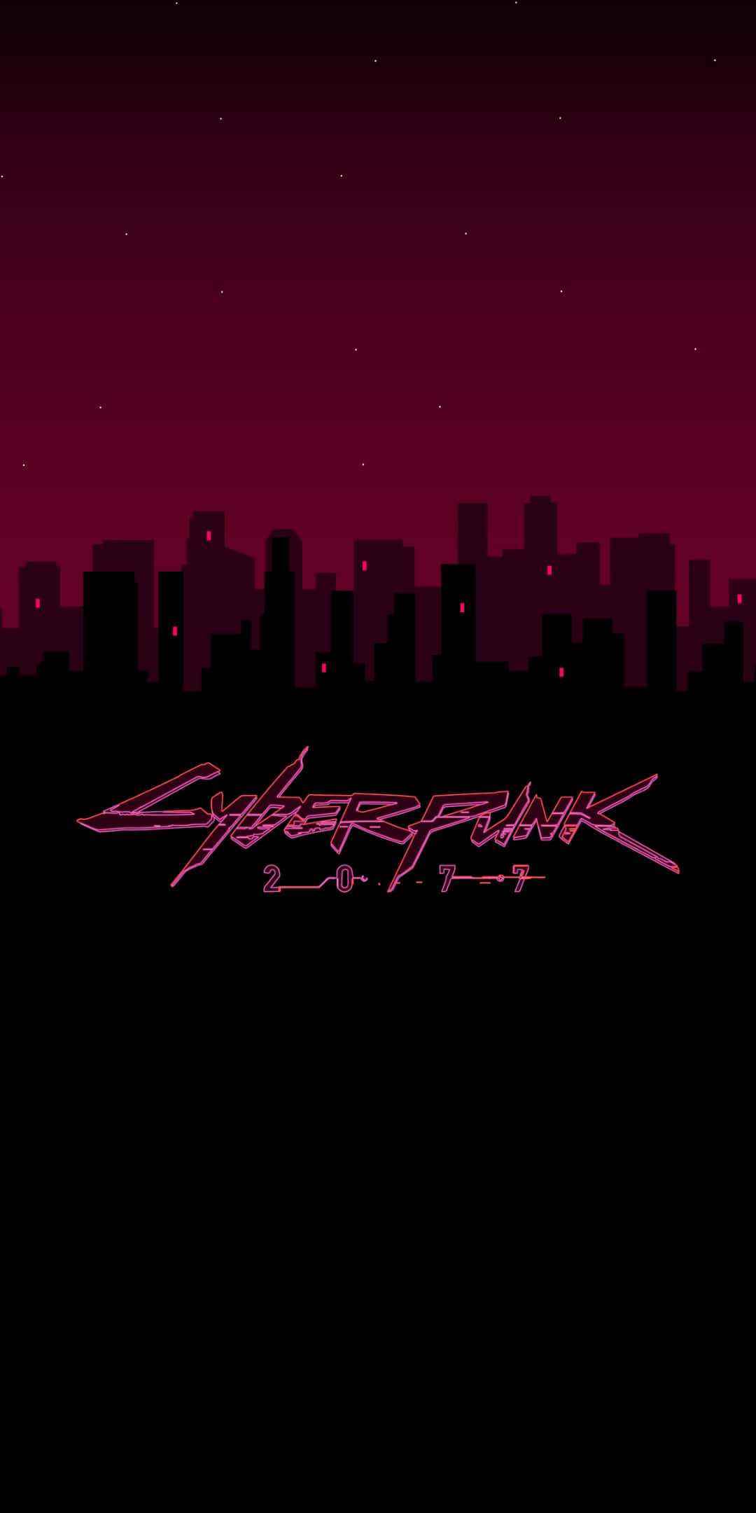 Pixel 3 Cyberpunk 2077 桌布 壁紙 — 一個霓虹粉紅色的 Cyberpunk 2077 標誌在深洋紅色的夜空下，於黑暗的城市天際線中發光。