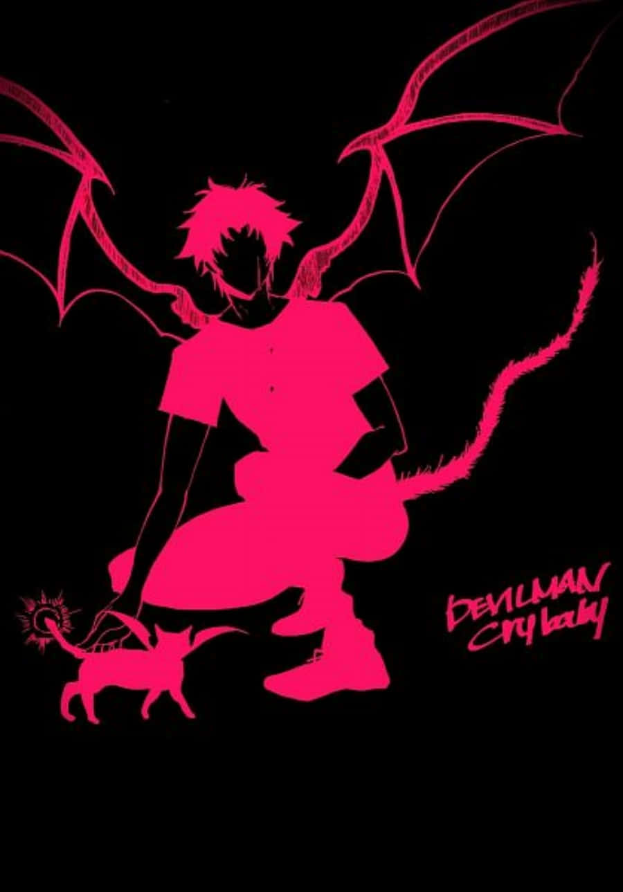 惡魔人 Crybaby 桌布 壁紙 — 一個霓虹粉紅色的剪影，描繪一個有翅膀和尾巴的惡魔男孩蹲伏在一個小惡魔生物上方，背景為黑色。