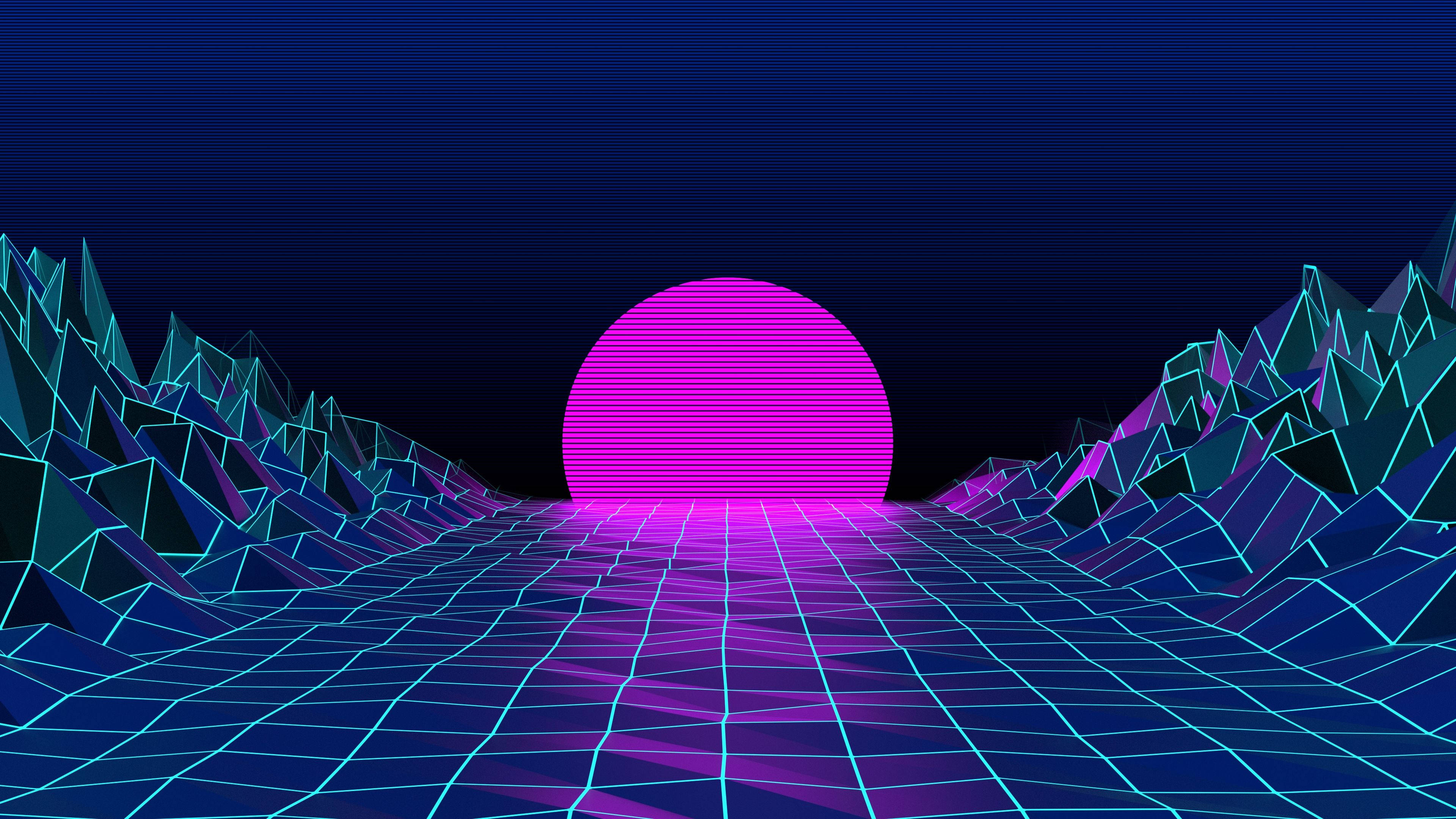 Vaporwave 桌布 壁紙 — 一個霓虹粉紅色的太陽在發光的幾何山脈和網格圖案景觀上升起，營造出復古未來主義的場景。
