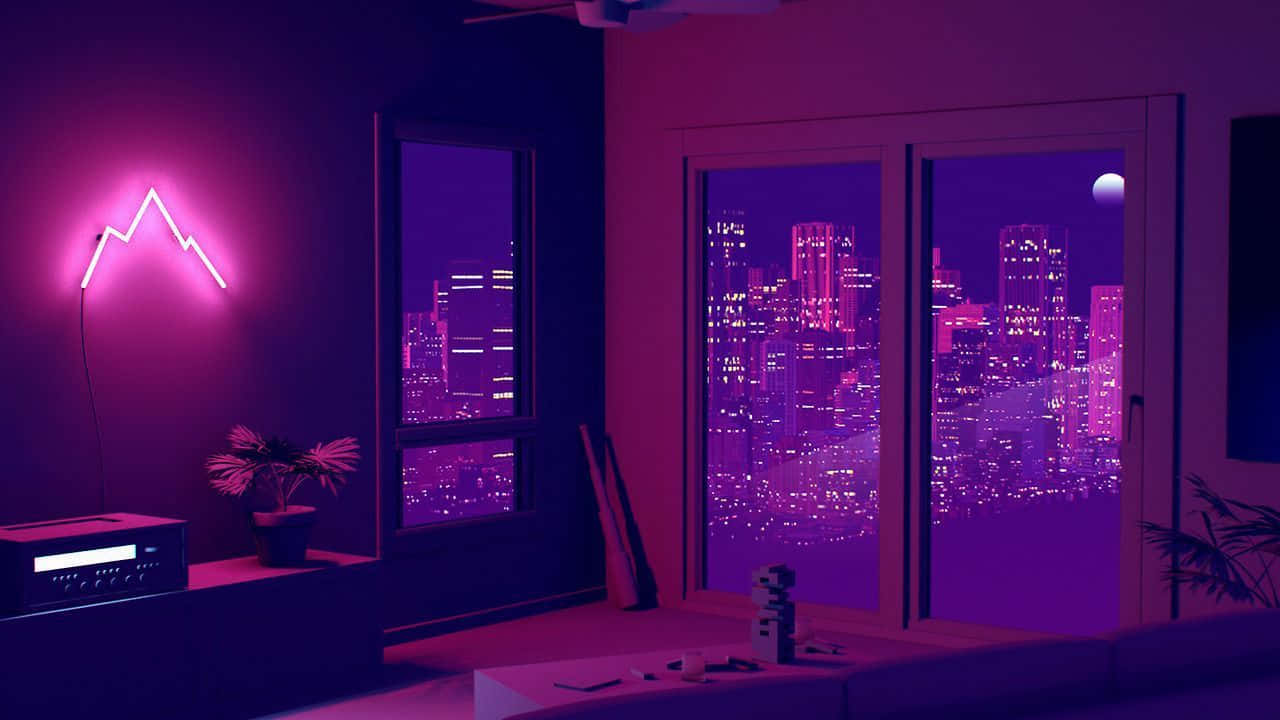 Purple Grunge Aesthetic 桌布 壁紙 — 一個霓虹粉紅色的山形燈光在現代房間的牆上發光，俯瞰著夜晚充滿活力的紫色城市景觀。