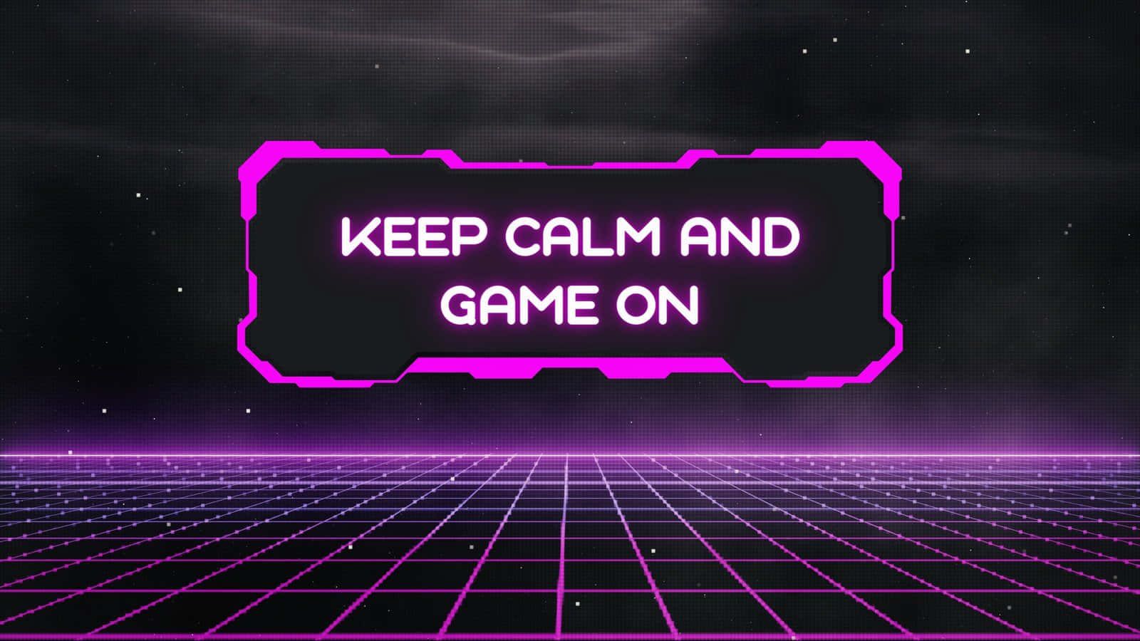 games 桌布 壁紙 — 一個霓虹粉紅色的復古未來主義標誌，上面寫著「KEEP CALM AND GAME ON」，漂浮在發光的網格上方，背景是星光閃爍的數位夜空。