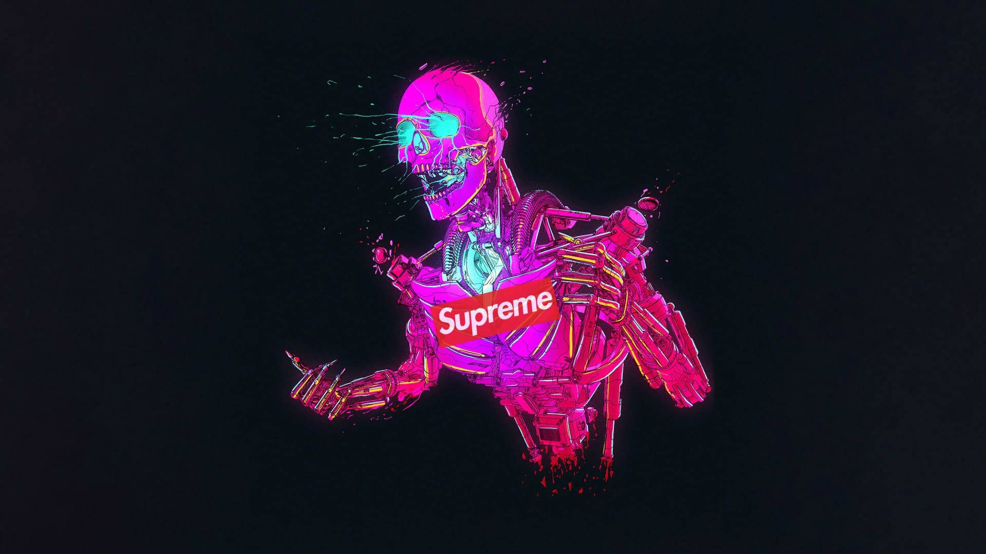 Cool Supreme 桌布 壁紙 — 一個霓虹粉紅色的機械骷髏穿著Supreme連帽衫，背景為黑色，帶有發光的青色眼睛和潑濺效果。