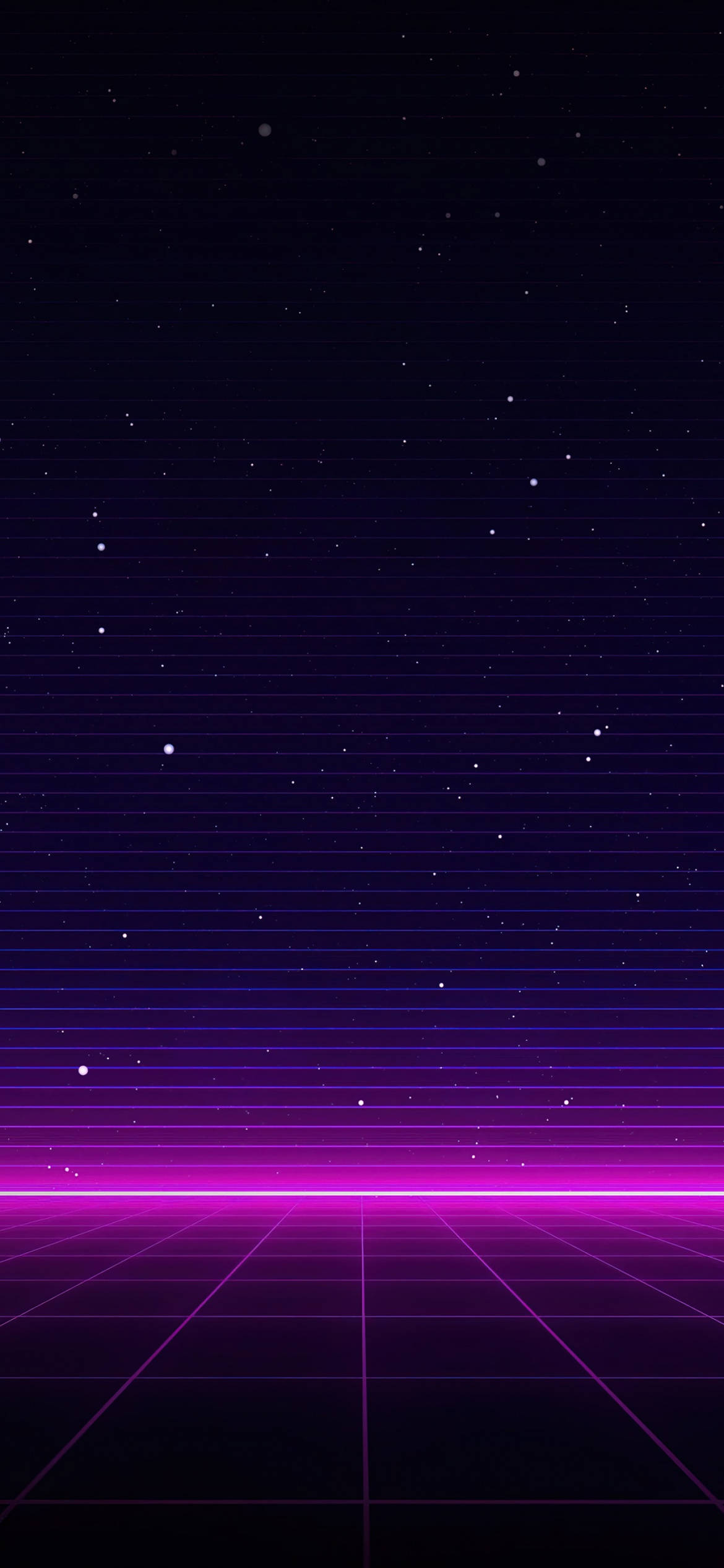 霓虹紫 iPhone 桌布 壁紙 — 一個霓虹紫色網格地板延伸向星空，發光的水平線條營造出復古未來主義的數位景觀。
