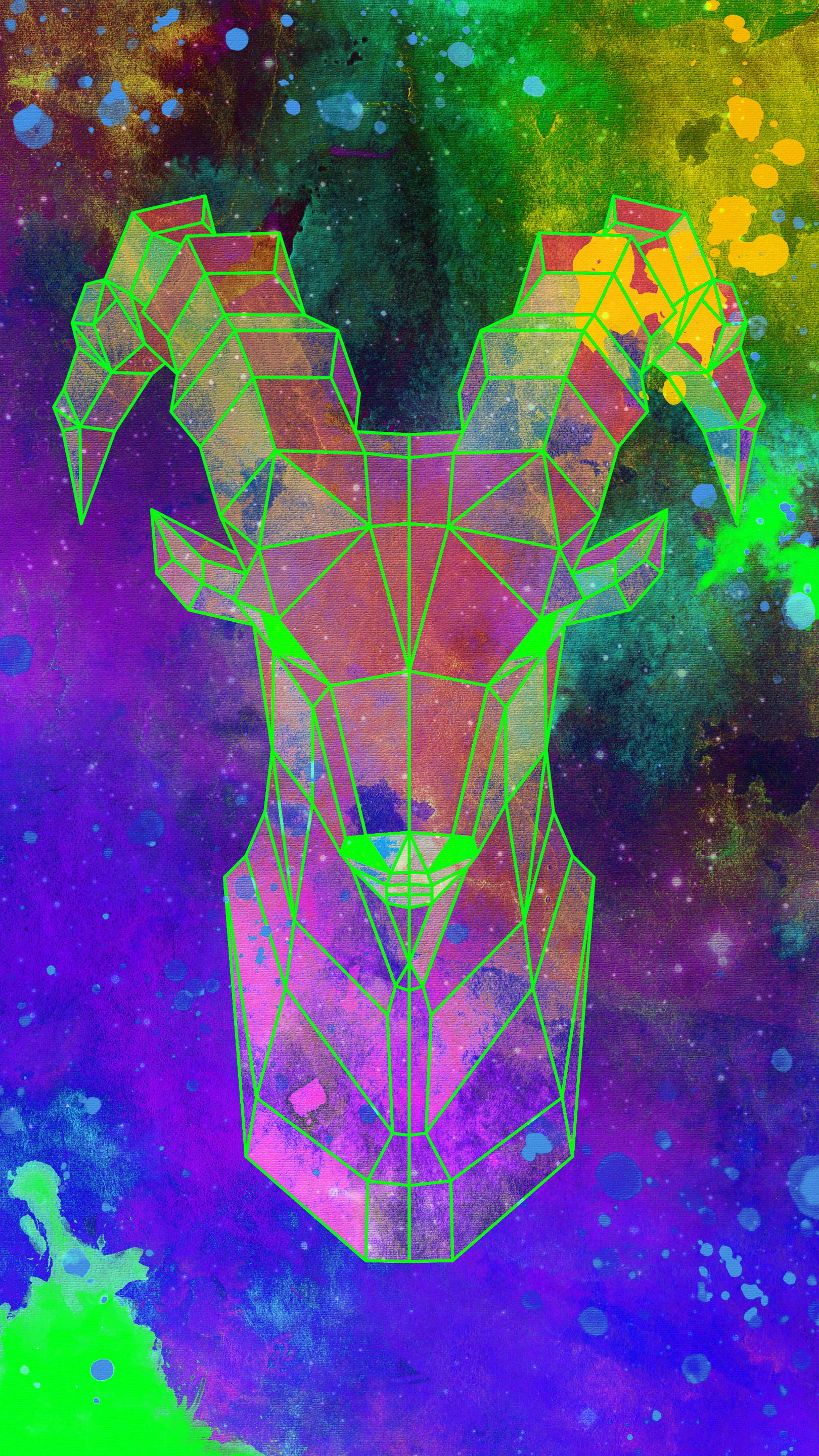 摩羯座 桌布 壁紙 — 一個霓虹綠色的幾何公羊頭漂浮在宇宙星系背景上，帶有紫色、黃色和綠色的鮮豔飛濺。