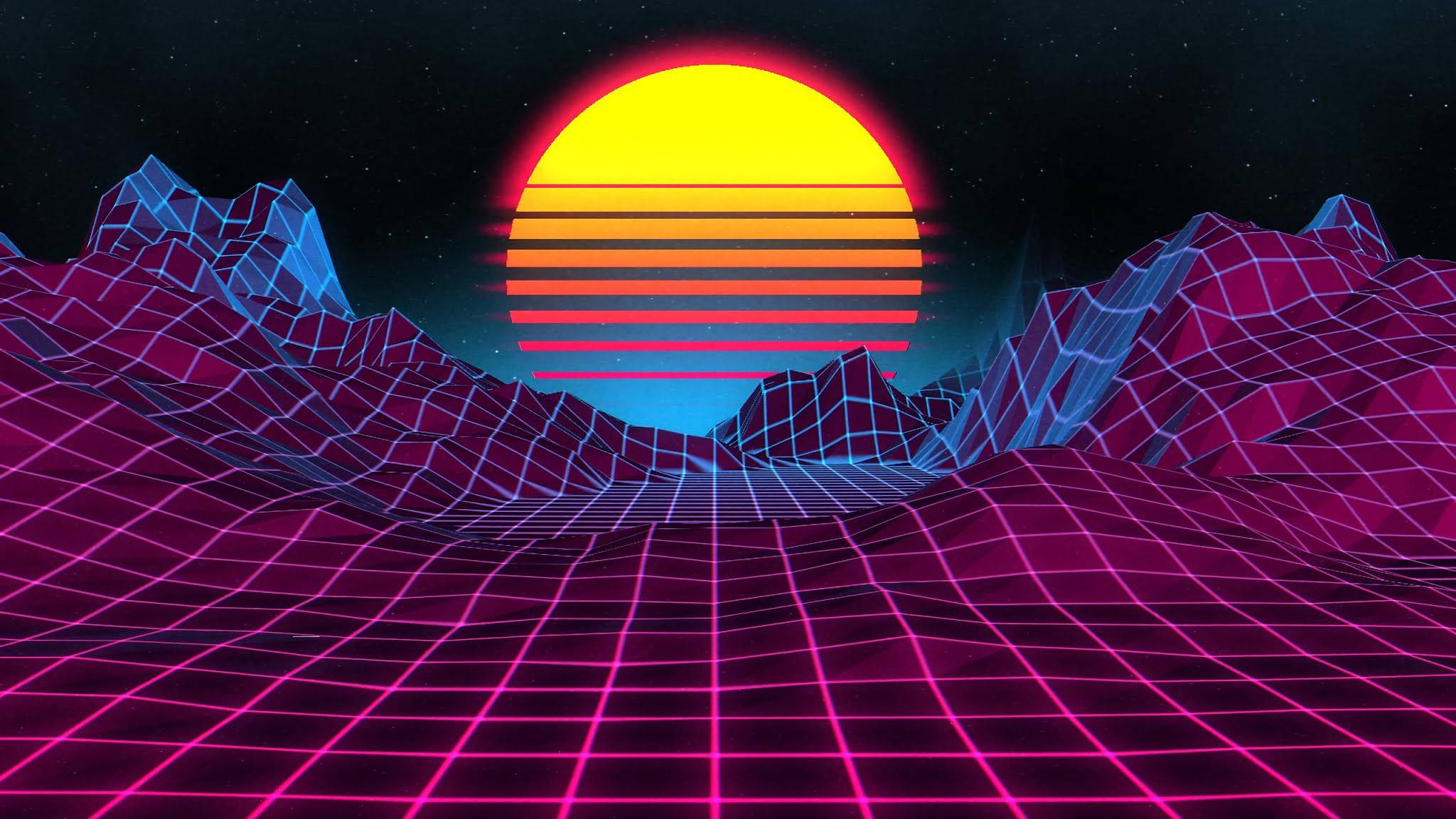Digital 桌布 壁紙 — 一個霓虹網格景觀，在條紋日落下有發光的洋紅色山脈，呈現復古未來主義的數位場景。