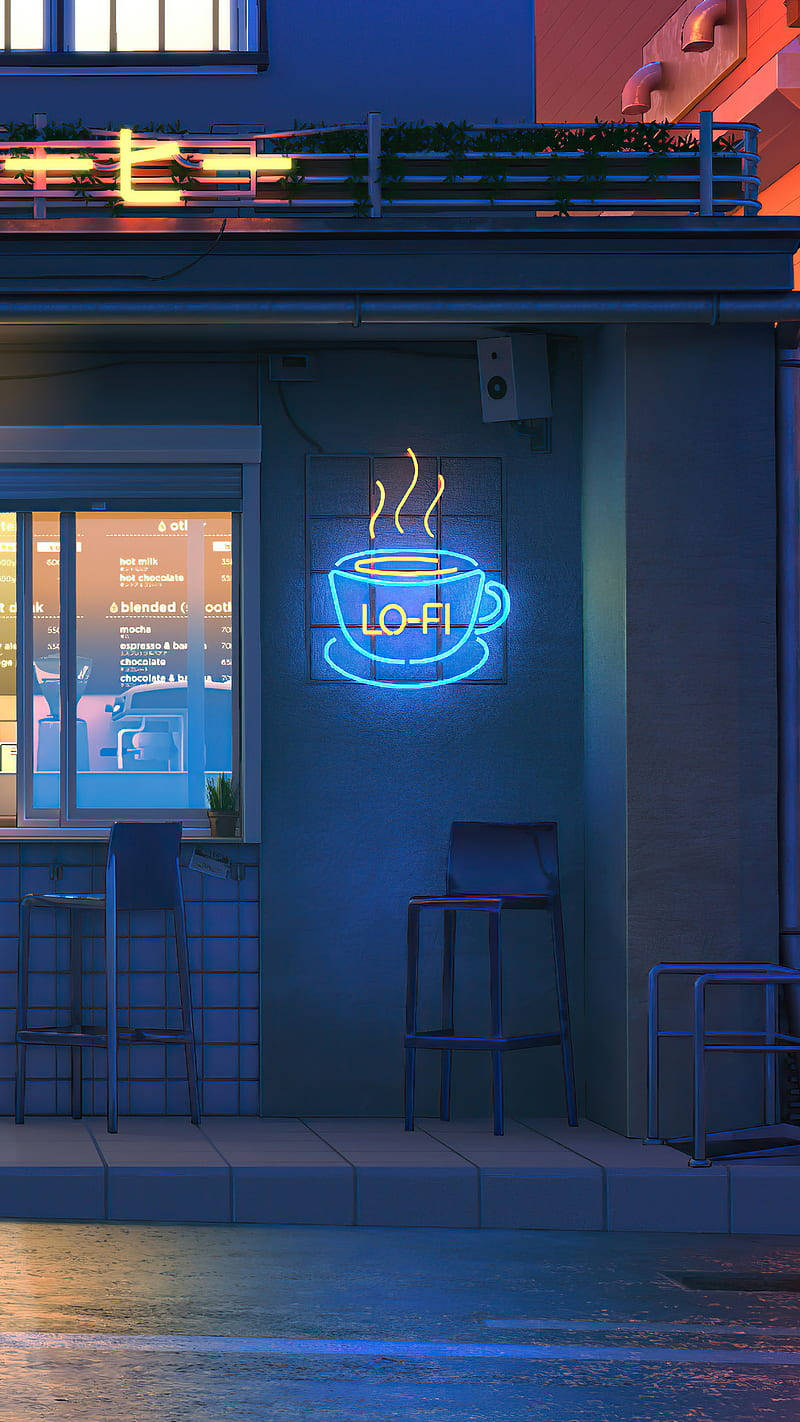 Lo Fi iPhone 桌布 壁紙 — 一個霓虹藍色咖啡杯標誌在夜間潮濕的城市人行道上發光，在路面上投射出倒影。
