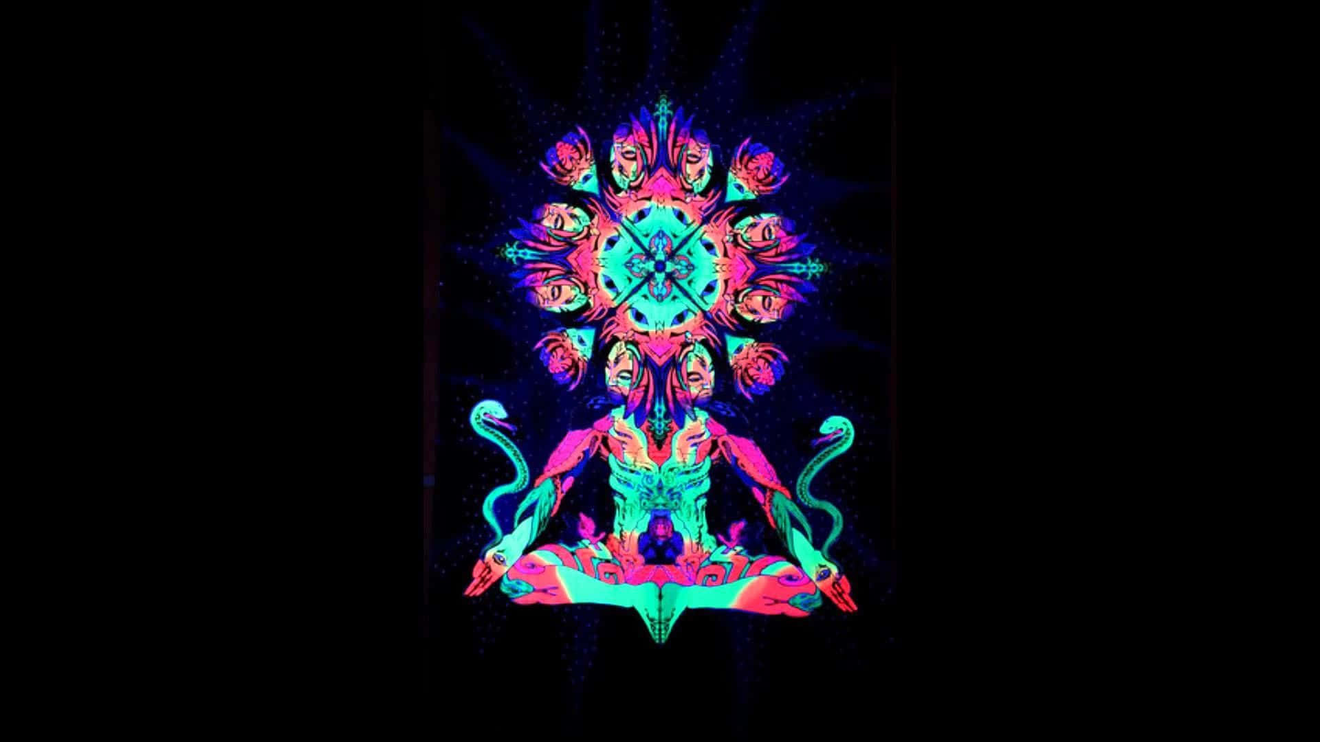 Dark Psychedelic HD 桌布 壁紙 — 一個霓虹迷幻人物在黑暗的宇宙背景下冥想，帶有發光的臉孔和蛇。