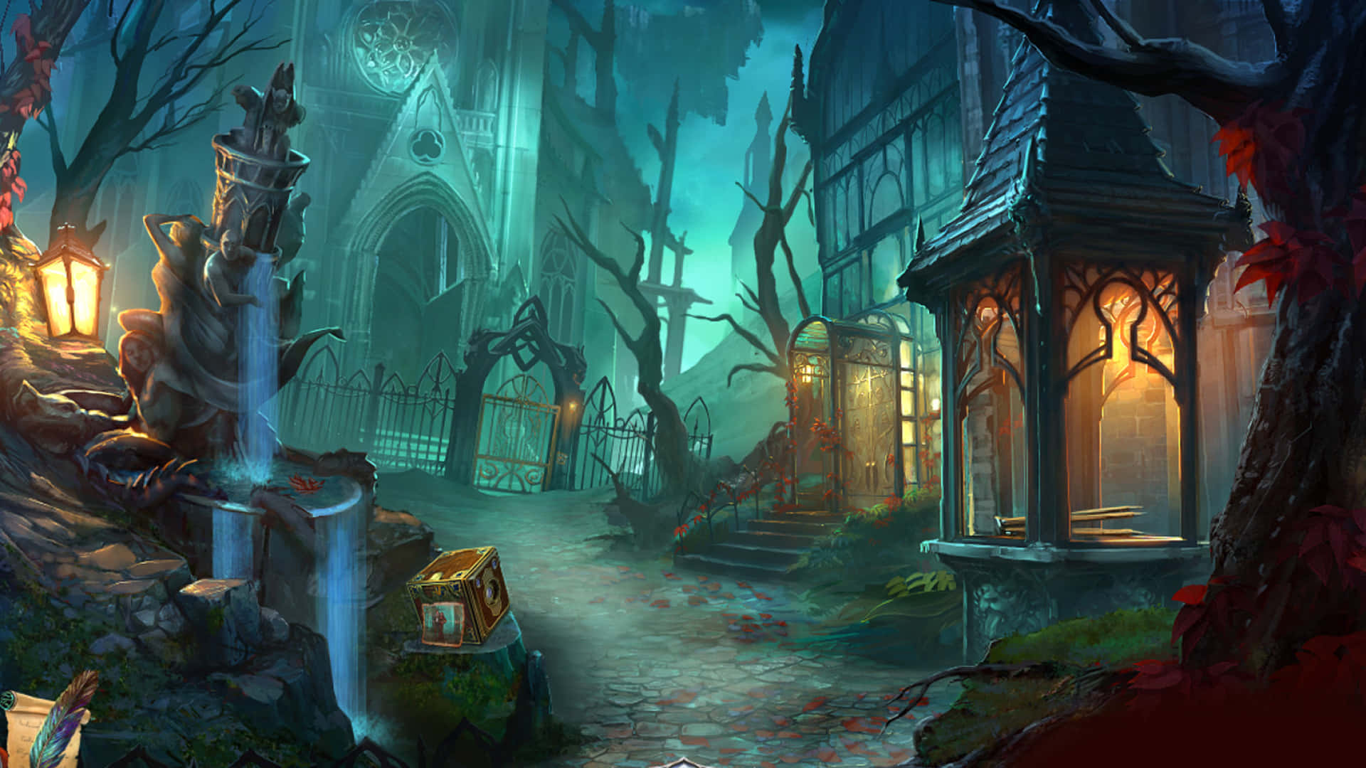 Adventure Games 桌布 壁紙 — 一個霧氣瀰漫的哥德式庭院，有發光的燈籠、扭曲的樹木和一個石頭噴泉，籠罩在詭異的藍綠色光芒下。