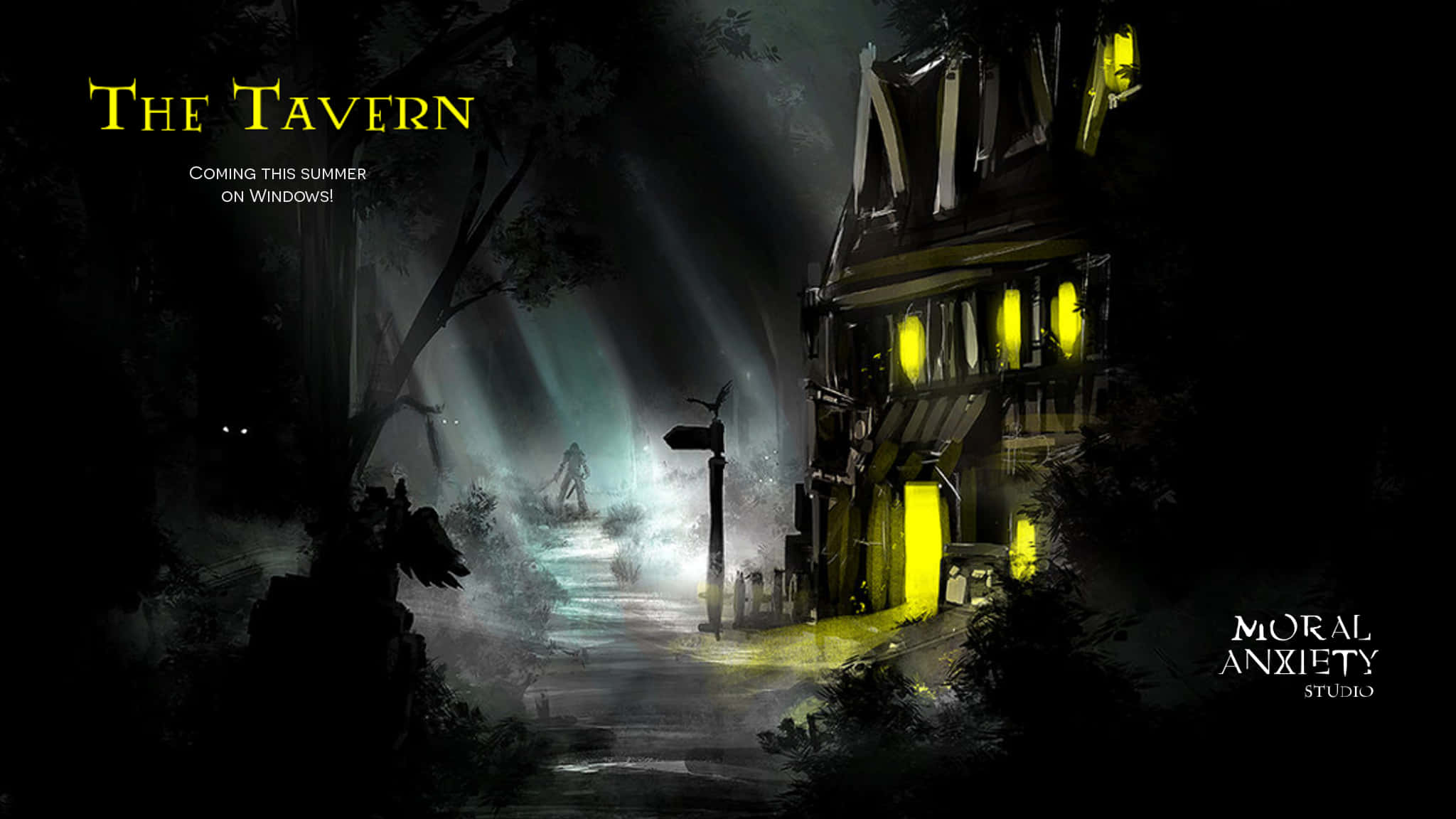 Tavern 桌布 壁紙 — 一個霧氣瀰漫的夜晚場景，顯示一個孤獨的身影走向一間黑暗的酒館，酒館有發光的黃色窗戶和燈籠照亮的小路。