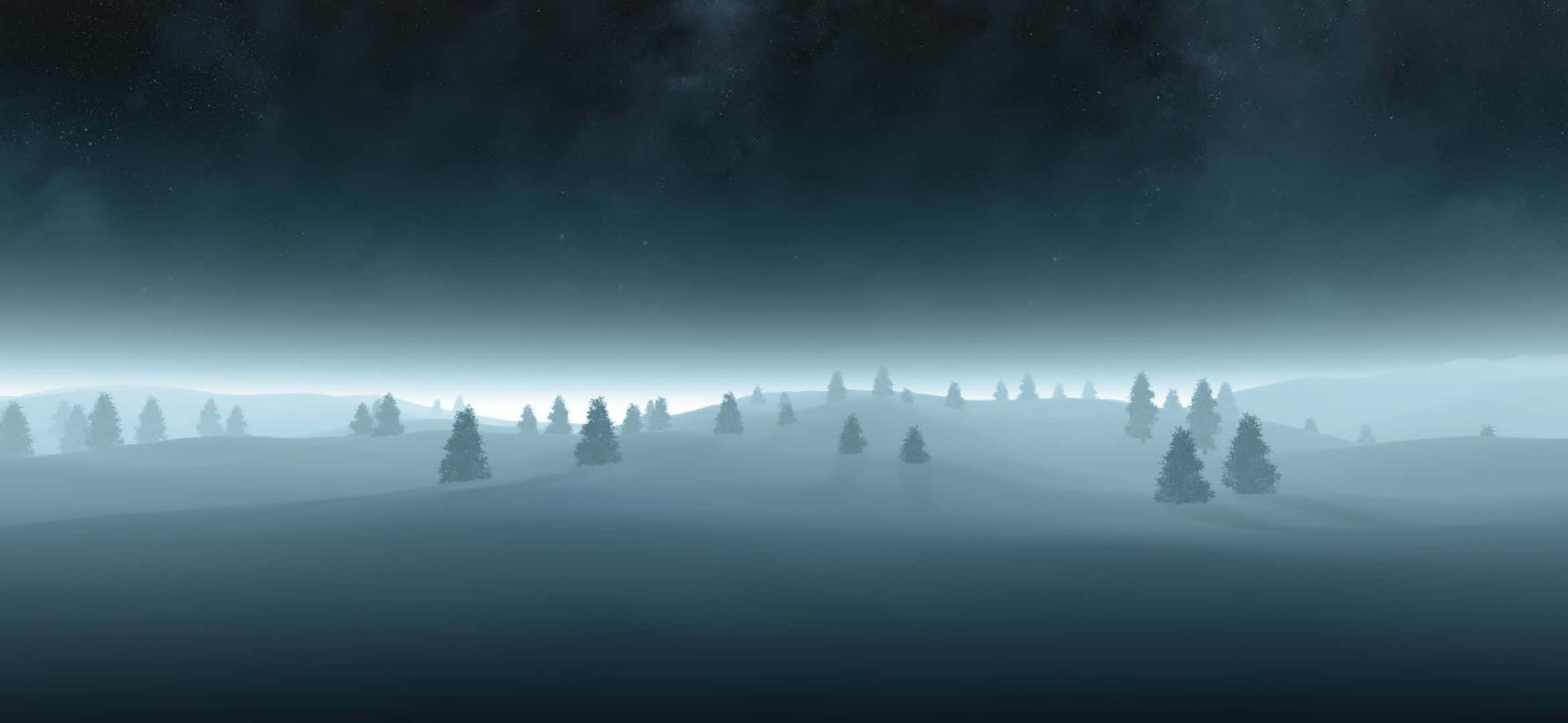 2340x1080 桌布 壁紙 — 一個霧氣瀰漫的夜晚景觀，在星空下呈現松樹的剪影，帶有從深藍到淺藍的微妙漸變。